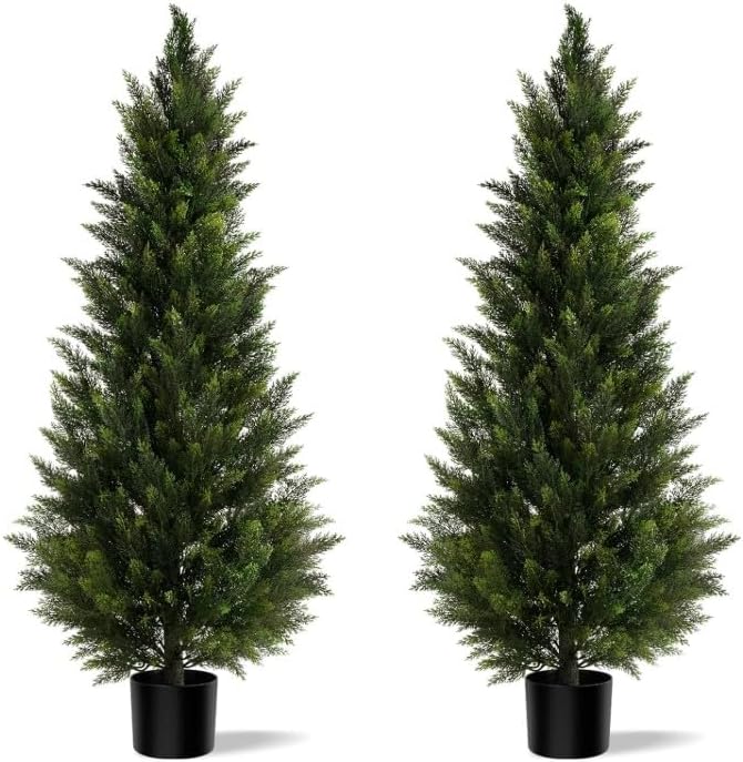 Artificial Topiary Cedar Trees 3ft, 2 pk - Outdoor Indoor Faux Pine Shrubs Plants, Realistic Fake Plants Front Porch Decor, Artificial Bushes Cypress for Home Front Door Offices