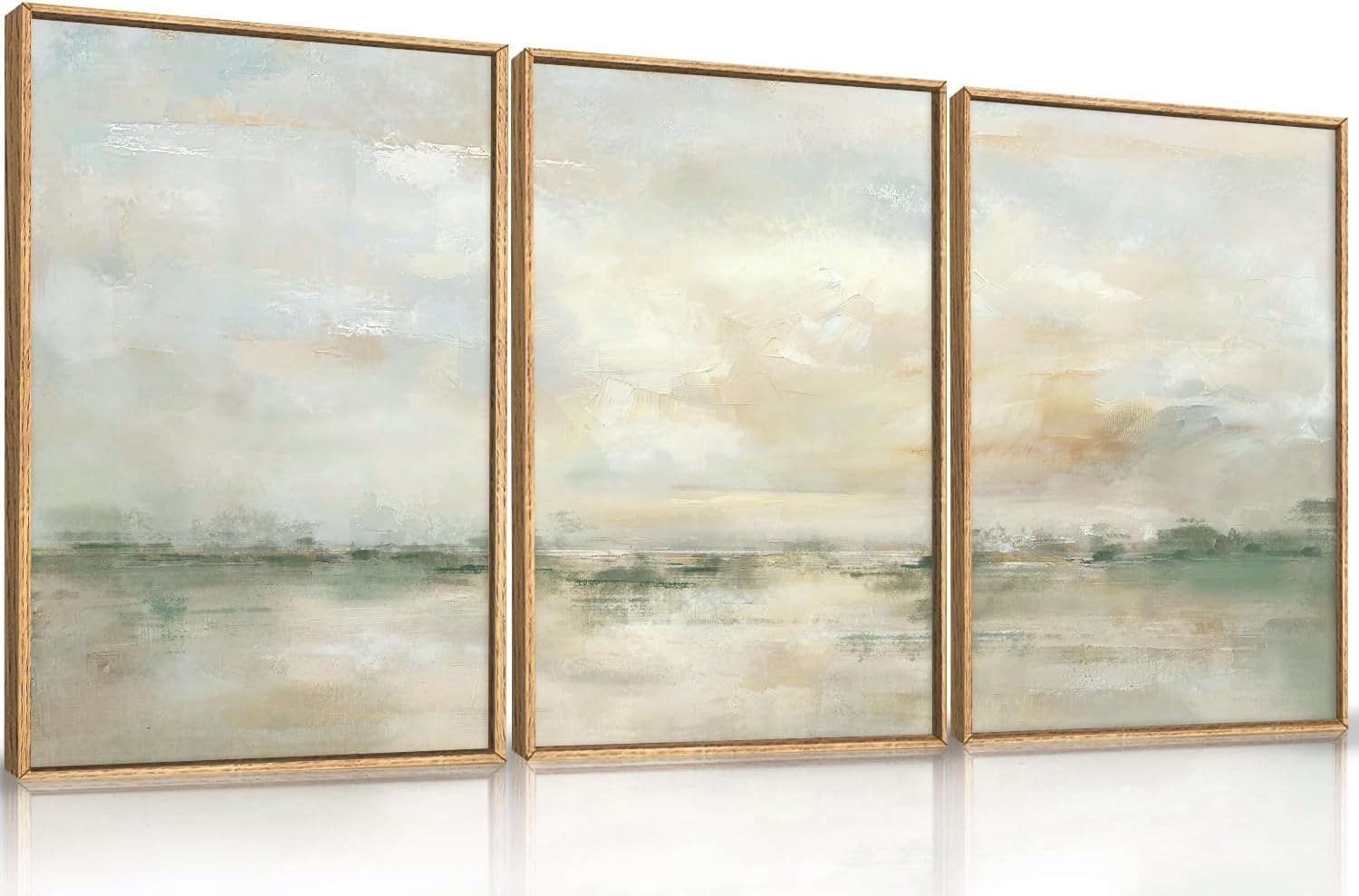 LHIUEM Large Abstract Green Gray Pastel Framed Canvas Wall Art,Neutral Landscape Wall Decor,Modern Watercolor Lake Artwork,Beige Textured Illustrations Art for Living Room,Bedroom,Office- 20"x40"x1