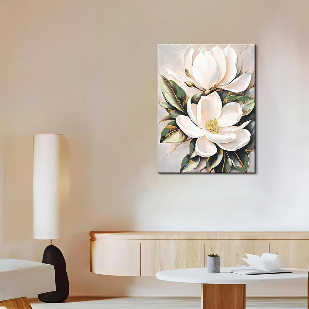 DRLWGTY White Flower Canvas Wall Art, Botanical Framed Wall Decor Aesthetic with Handmade Yellow Crystal Accents, Ready to Hang for Bedroom, Bathroom, and Living Room (Flower B, 24*32 in, Wrapped Canvas)