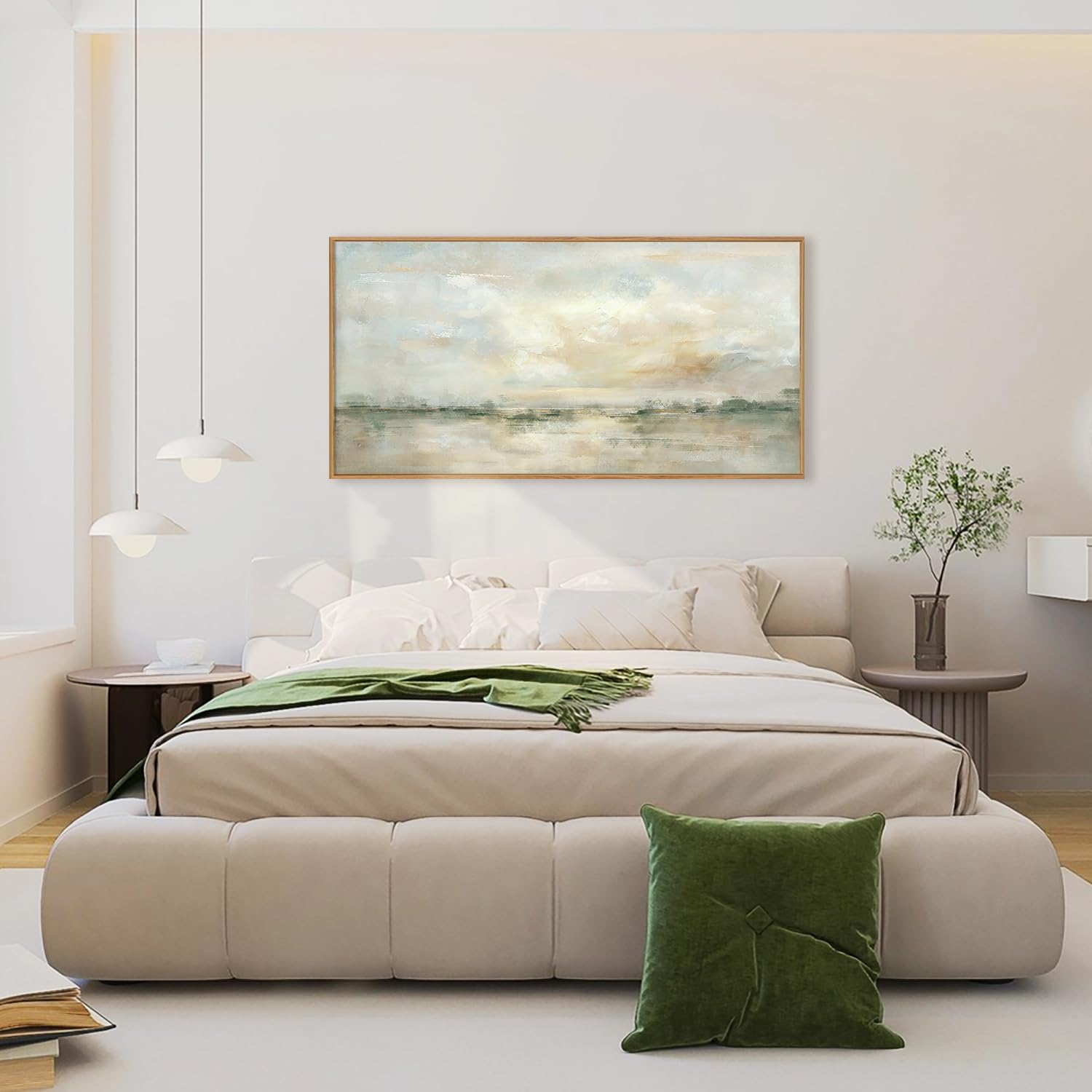 LHIUEM Large Abstract Green Gray Pastel Framed Canvas Wall Art,Neutral Landscape Wall Decor,Modern Watercolor Lake Artwork,Beige Textured Illustrations Art for Living Room,Bedroom,Office- 20"x40"x1