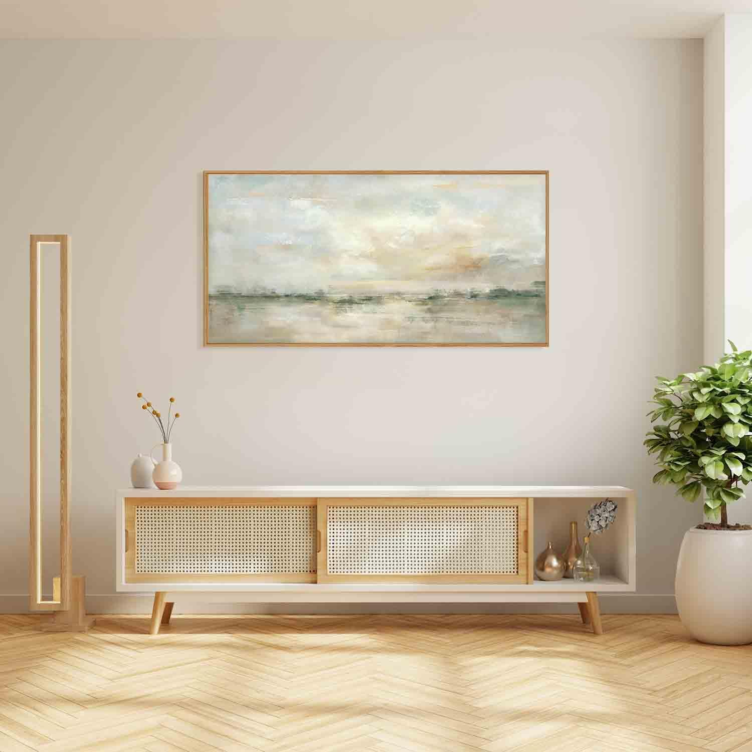 LHIUEM Large Abstract Green Gray Pastel Framed Canvas Wall Art,Neutral Landscape Wall Decor,Modern Watercolor Lake Artwork,Beige Textured Illustrations Art for Living Room,Bedroom,Office- 20"x40"x1