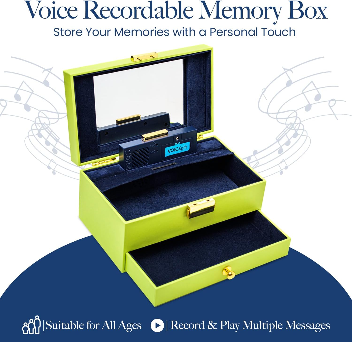 VOICEGIFT Memory Box, Recordable Memory Box with Removable Voice Recorder Module, Decorative Keepsake Box for Photos & Jewelry, Record and Re-record 60-Second Personal Messages | Green