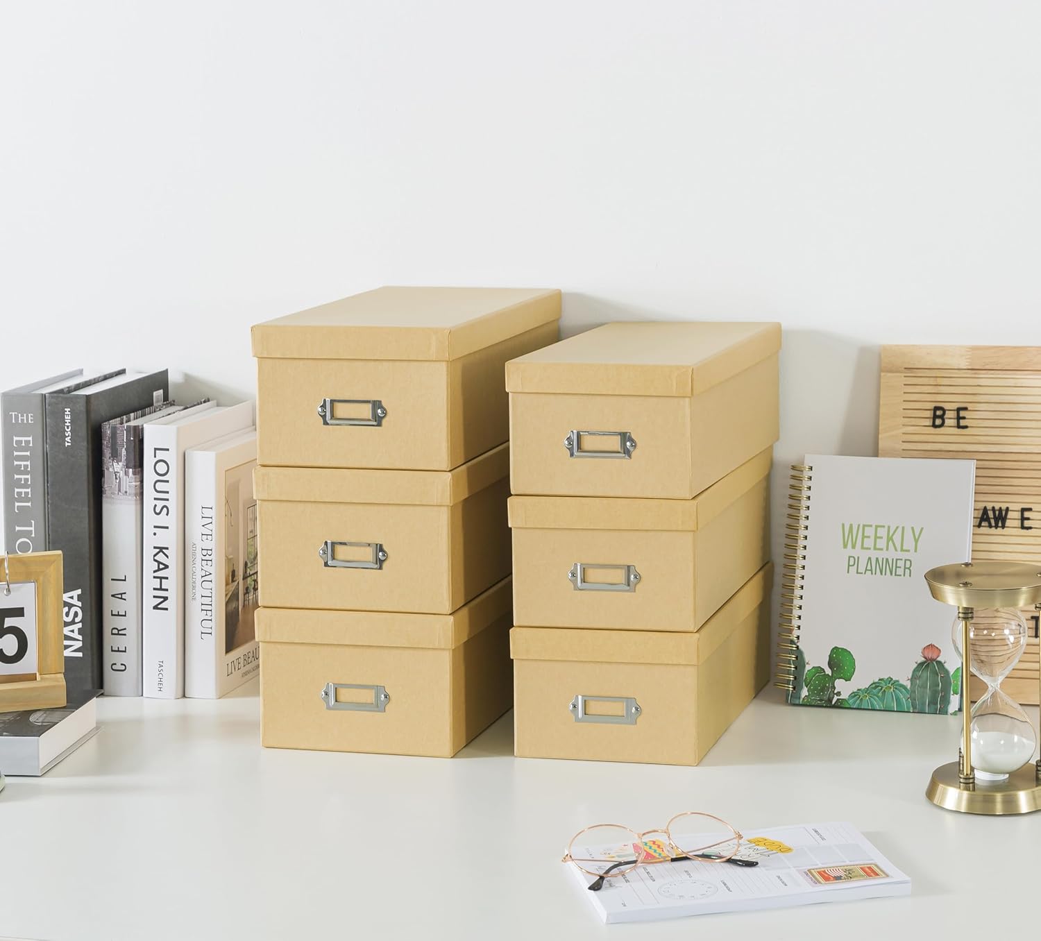 Soul & Lane Kraft Storage Boxes - Set of 6 (3 Large, 3 Medium), Keepsake Memory Storage Boxes with Lids, Cardboard Organizers with Label Holders for Photos, Crafts, Decoupage & Collectibles