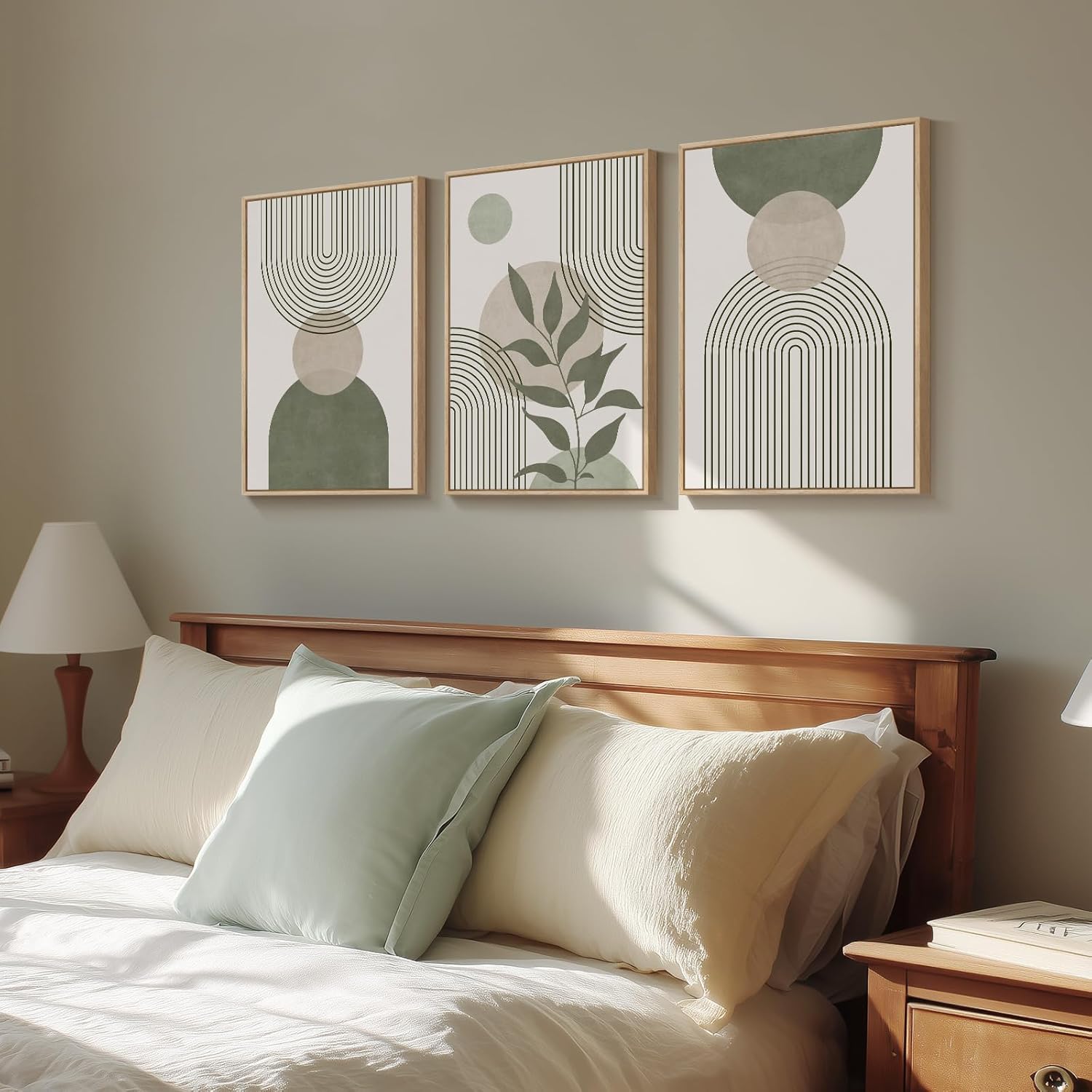 Framed Sage Green Boho Wall Art for Living Room, 3 Piece Minimalist Beige and Green Bohemian Artwork for Walls, Large Geometric Leaf Line Boho Paintings Prints for Bedroom Hallway Wall Decor, 16x24 In