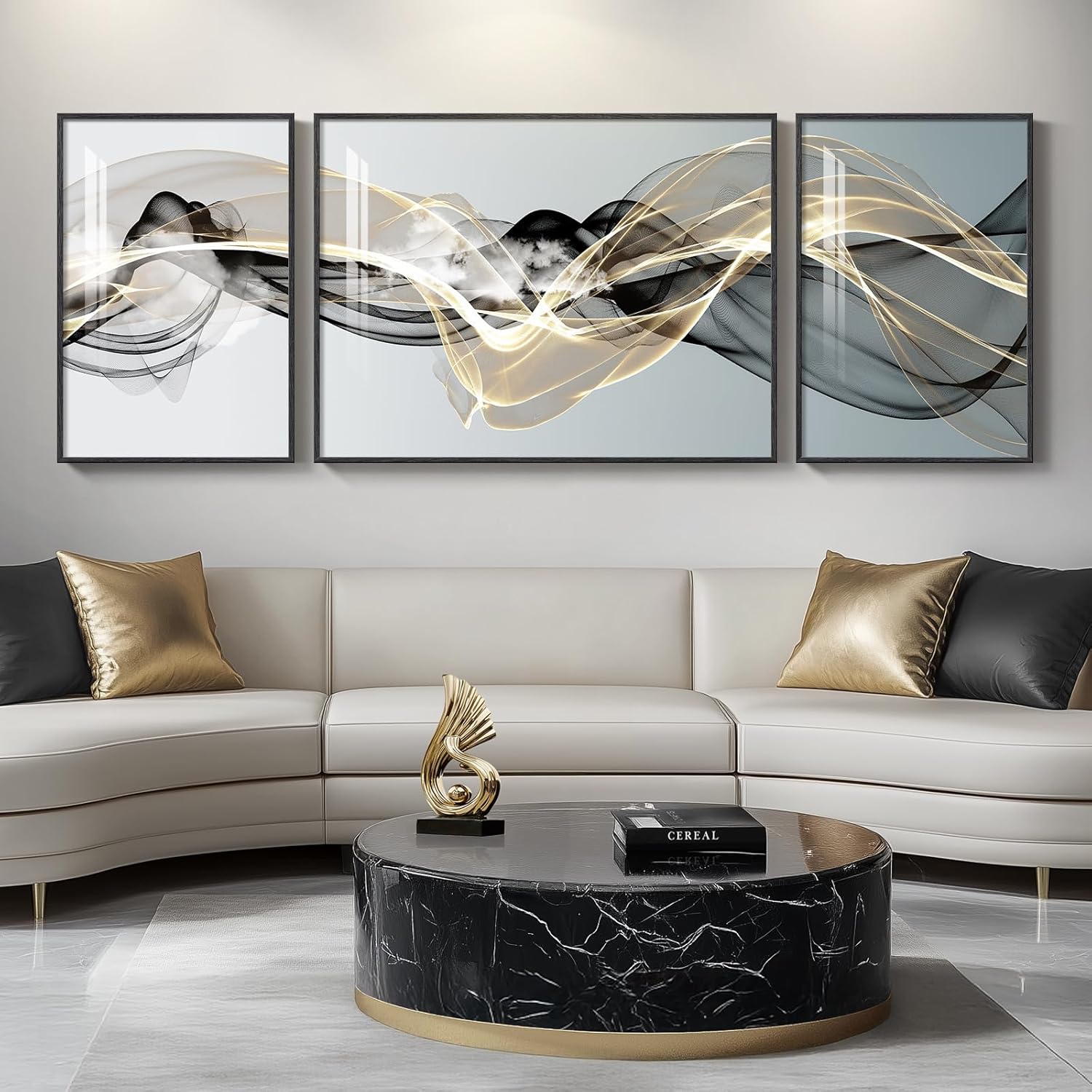 Large Framed Modern Luxury Gold Wall Art for Living Room, 3 Piece Bright Style Art Prints Paintings Artwork for Walls, Bronze Gold Geometric Pictures for Hallway Stair Office Wall Decor 24x36 In