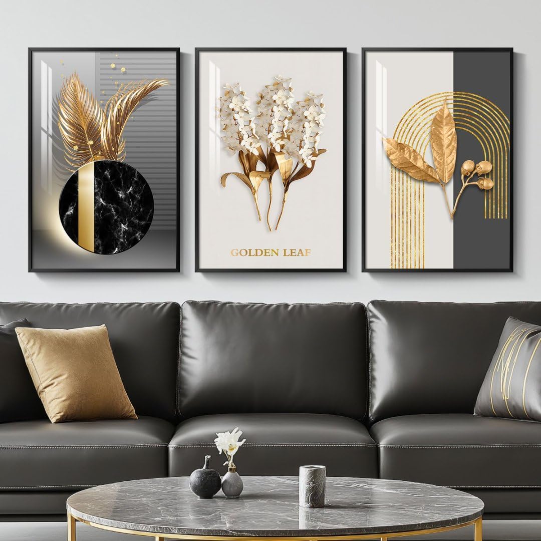 Large Framed Modern Luxury Gold Wall Art for Living Room, 3 Piece Bright Style Art Prints Paintings Artwork for Walls, Bronze Gold Geometric Pictures for Hallway Stair Office Wall Decor 24x36 In