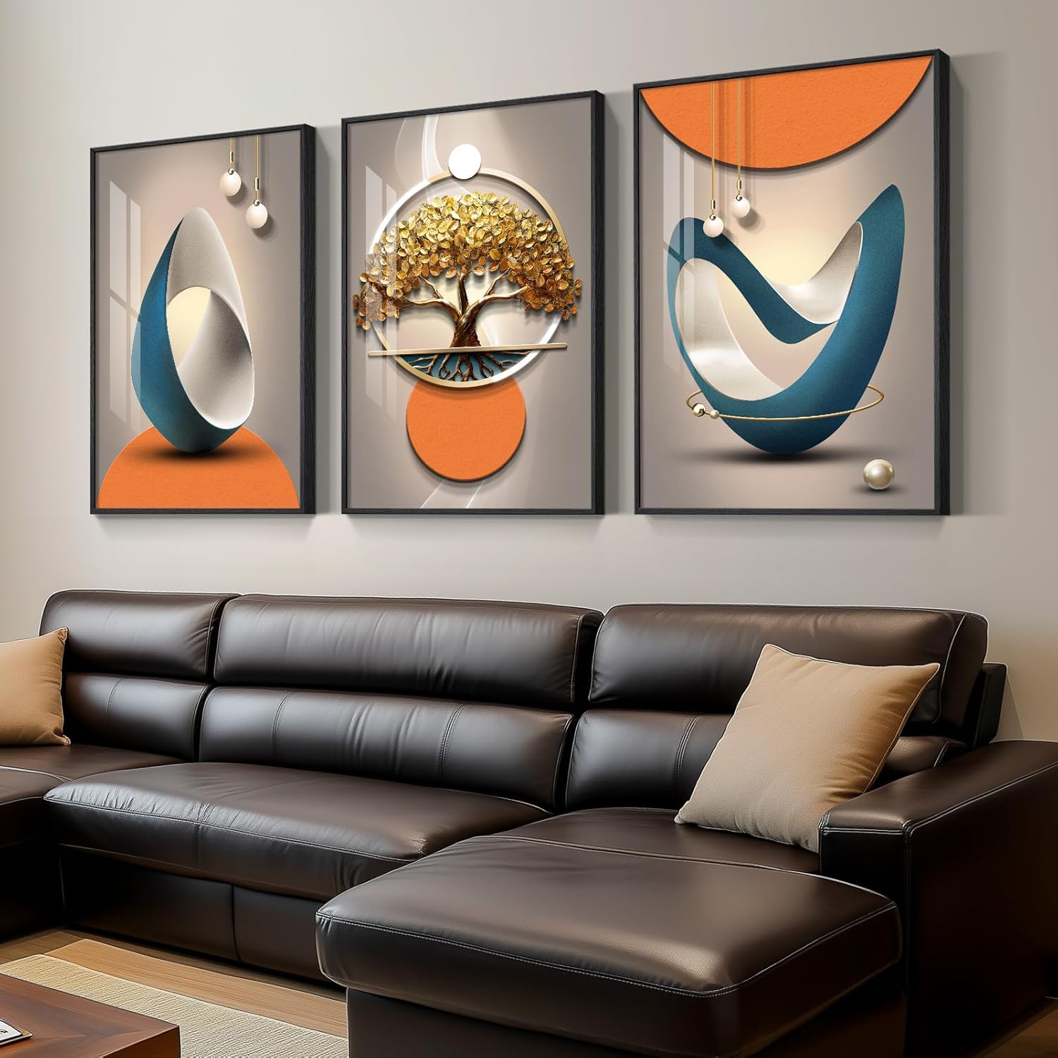 Large Framed Modern Luxury Gold Wall Art for Living Room, 3 Piece Bright Style Art Prints Paintings Artwork for Walls, Bronze Gold Geometric Pictures for Hallway Stair Office Wall Decor 24x36 In