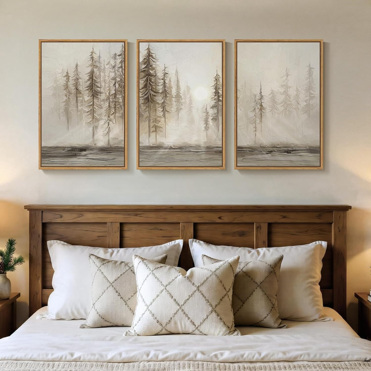 Large Vintage Framed Neutral Landscape Wall Art for Living Rooms, 3 Piece Retro Big Tree Sketch Botanical Forest Antique Canvas Artwork Set, Rustic Nature Wabi Sabi Art Prints for Hallway Home Office 24x36 Inch