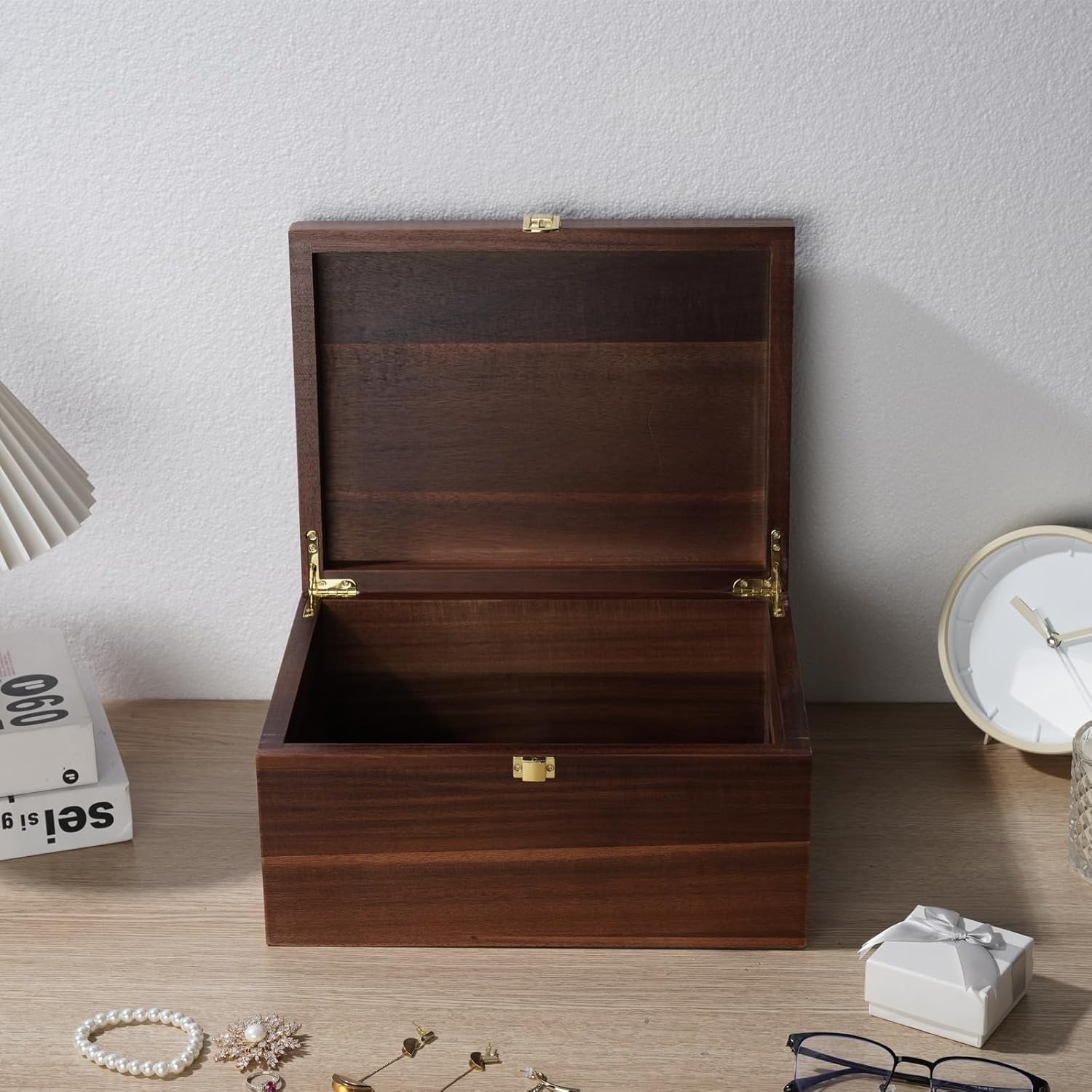 NLGQ Large Wooden Storage Box - Wood Box with Lid for Home Decor, Ideal for Keepsakes, Trinkets, Jewelry & Photo, 12.5x9.4x6.1 IN, Wood Keepsake Memory Gift Boxes, Rustic Design-WB004- X Large