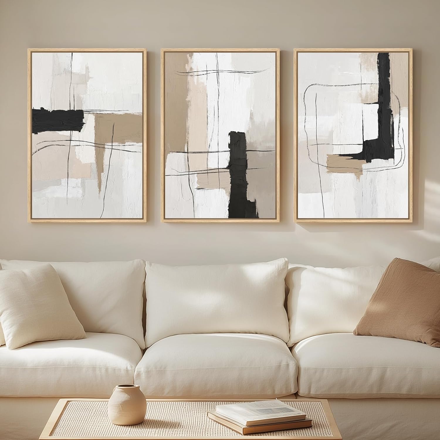 Large Framed Neutral Abstract Wall Art for Living Room, 3 Piece Modern Canvas Prints Paintings Artwork for Walls, Black and Beige Pictures for Living Room Hallway Stair Office Wall Decor 24x36 Inch