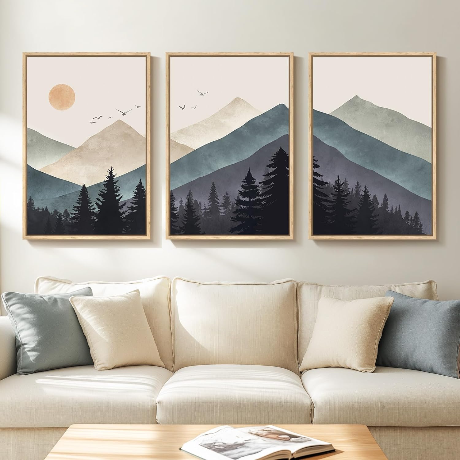 Large Vintage Framed Neutral Landscape Wall Art for Living Rooms, 3 Piece Retro Big Tree Sketch Botanical Forest Antique Canvas Artwork Set, Rustic Nature Wabi Sabi Art Prints for Hallway Home Office 24x36 Inch