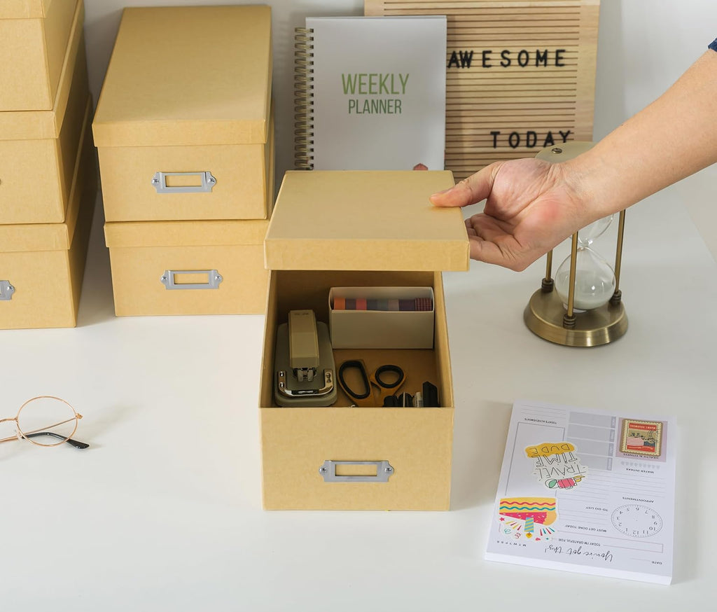 Soul & Lane Kraft Storage Boxes - Set of 6 (3 Large, 3 Medium), Keepsake Memory Storage Boxes with Lids, Cardboard Organizers with Label Holders for Photos, Crafts, Decoupage & Collectibles