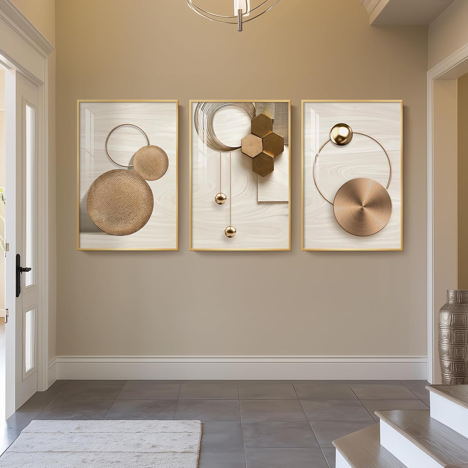 Large Framed Modern Luxury Gold Wall Art for Living Room, 3 Piece Bright Style Art Prints Paintings Artwork for Walls, Bronze Gold Geometric Pictures for Hallway Stair Office Wall Decor 24x36 In