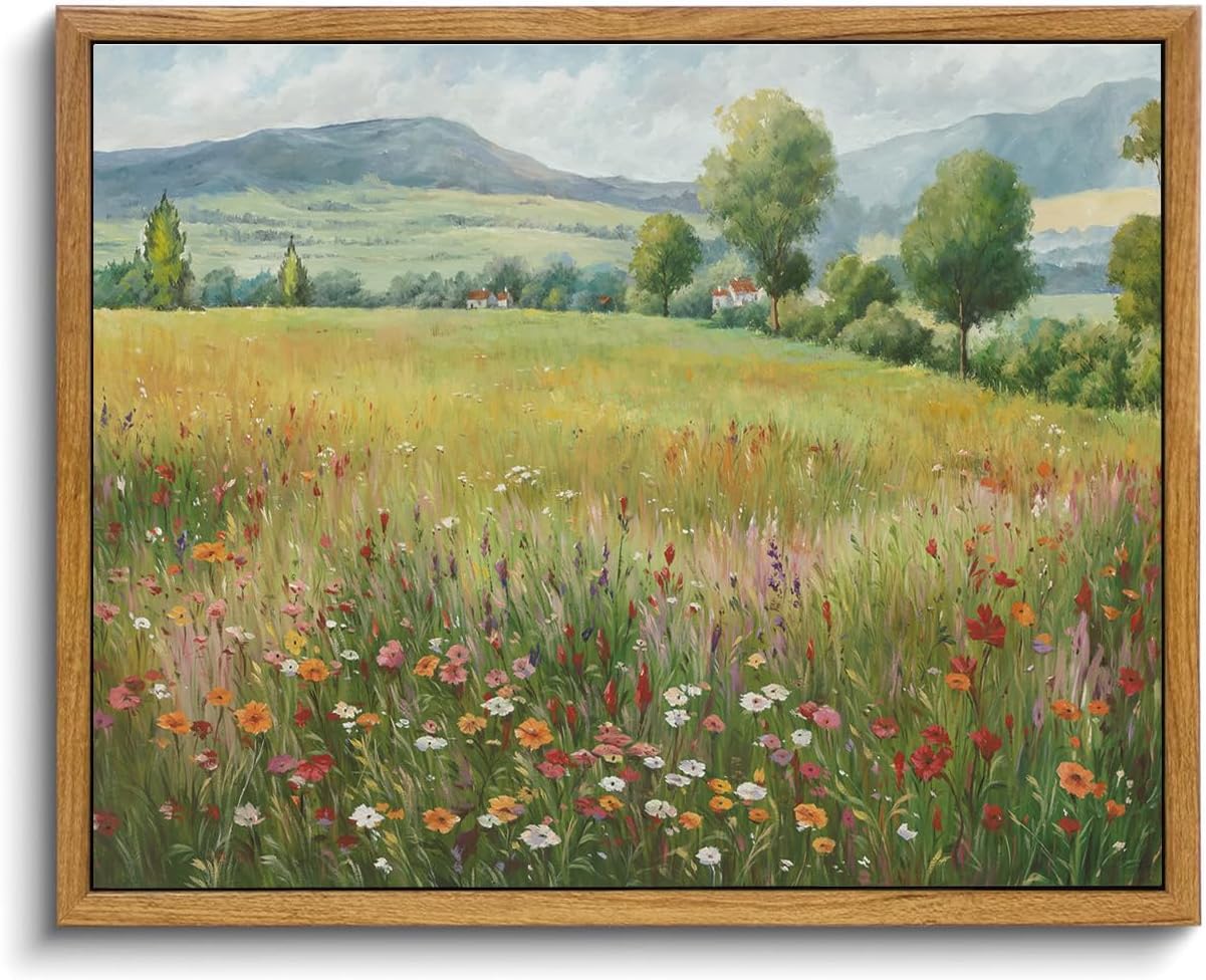 OIQArtOIQ Framed Canvas Wall Art,Vintage Decor,Landscape Nature Country Wildflower Paintings Farmhouse Pictures Modern Artwork Rustic Fall Flower Prints Cottagecore Office Living Room Bedroom Bathroom