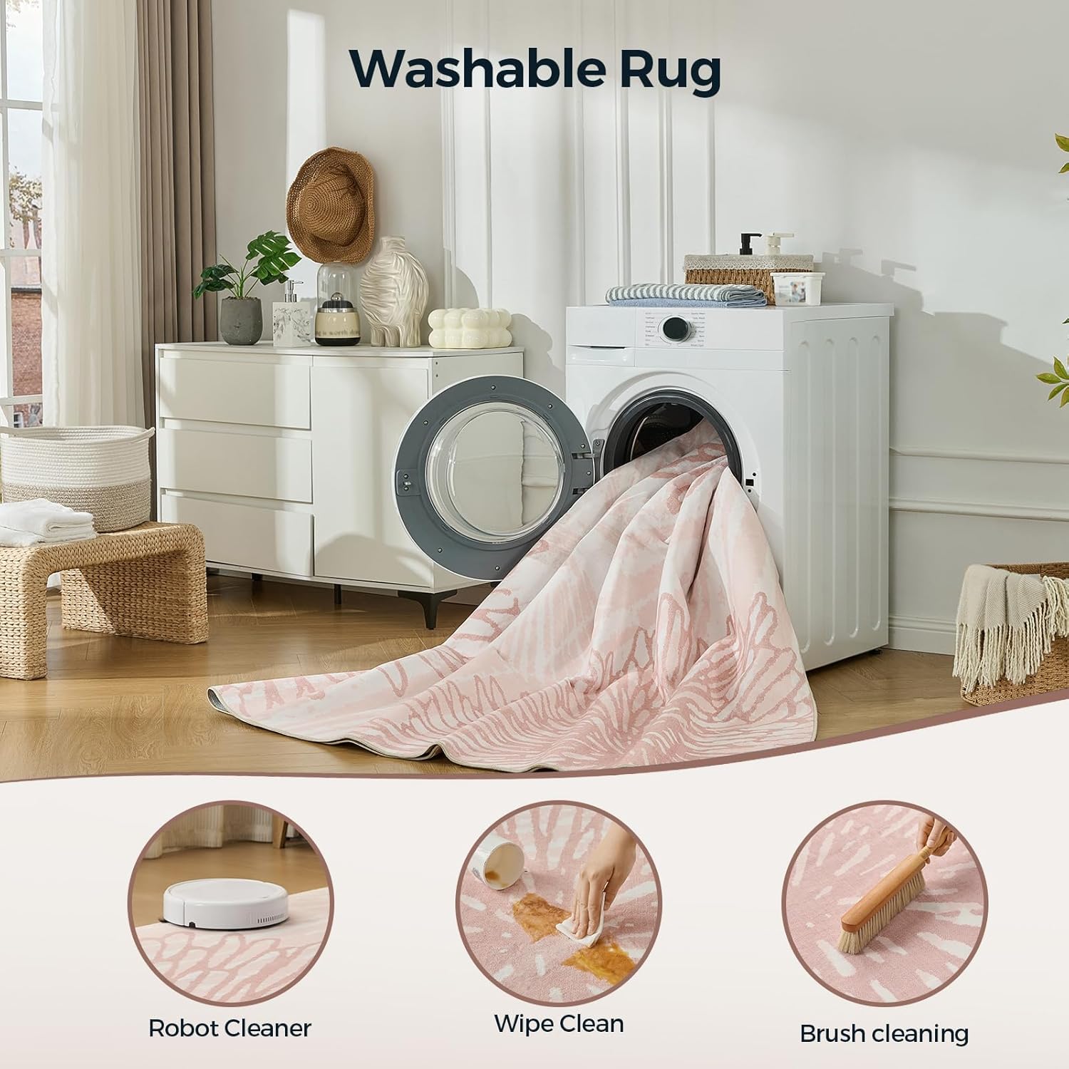 WITSHOCK Pink Rugs 9x12 for Bedroom Girls,Floral Modern Distress Print Pattern Carpet for Living Room Dining Room,Stain Resistant Anti Slip Backing Rugs for Kids Room Nursery Playroom,Light Pink