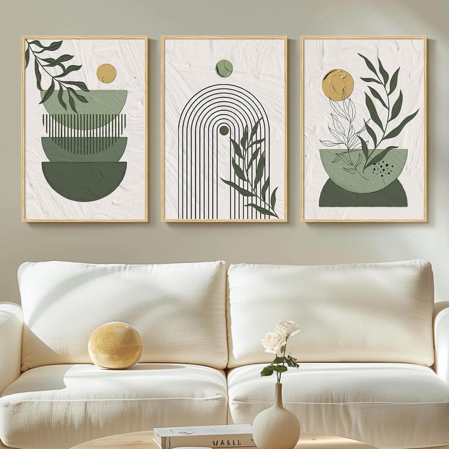Framed Sage Green Boho Wall Art for Living Room, 3 Piece Minimalist Beige and Green Bohemian Artwork for Walls, Large Geometric Leaf Line Boho Paintings Prints for Bedroom Hallway Wall Decor, 16x24 In