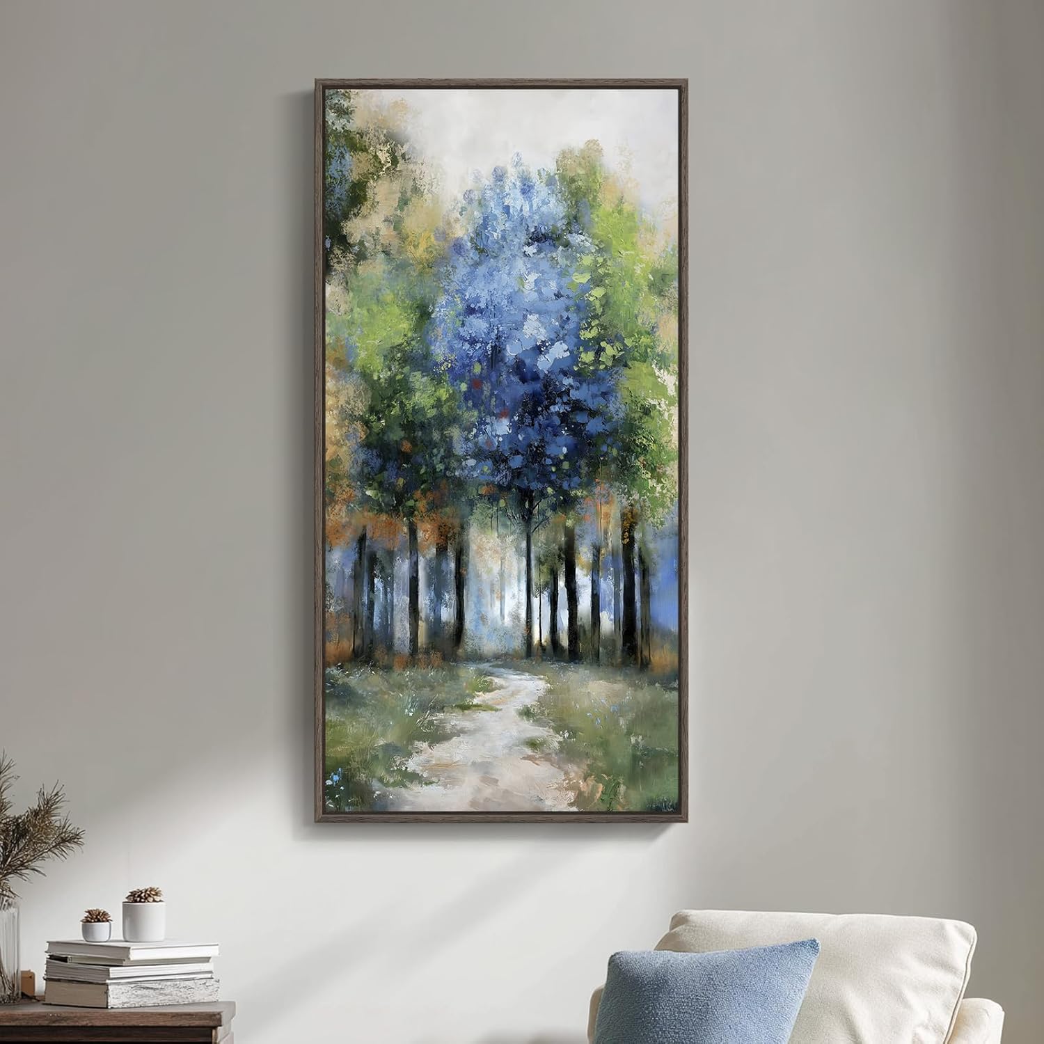 Framed Vertical Colorful Tree Ring Living Room Wall Art, Large Vintage Farmhouse Wood Stump Canvas Artwork for Walls, Rustic Nature Tree Ring Painting Print for Office Kitchen Foyer Stair Wall Decor, 20x40 Inch