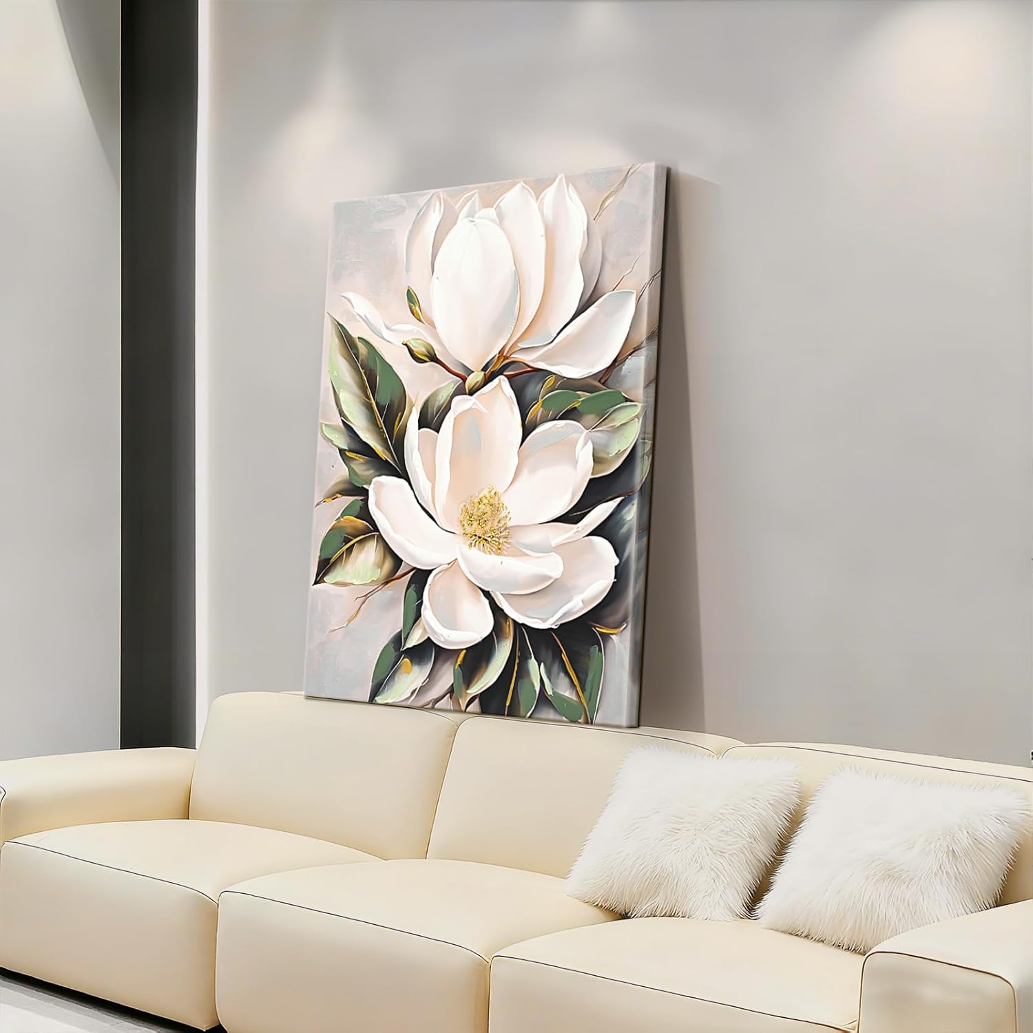 DRLWGTY White Flower Canvas Wall Art, Botanical Framed Wall Decor Aesthetic with Handmade Yellow Crystal Accents, Ready to Hang for Bedroom, Bathroom, and Living Room (Flower B, 24*32 in, Wrapped Canvas)