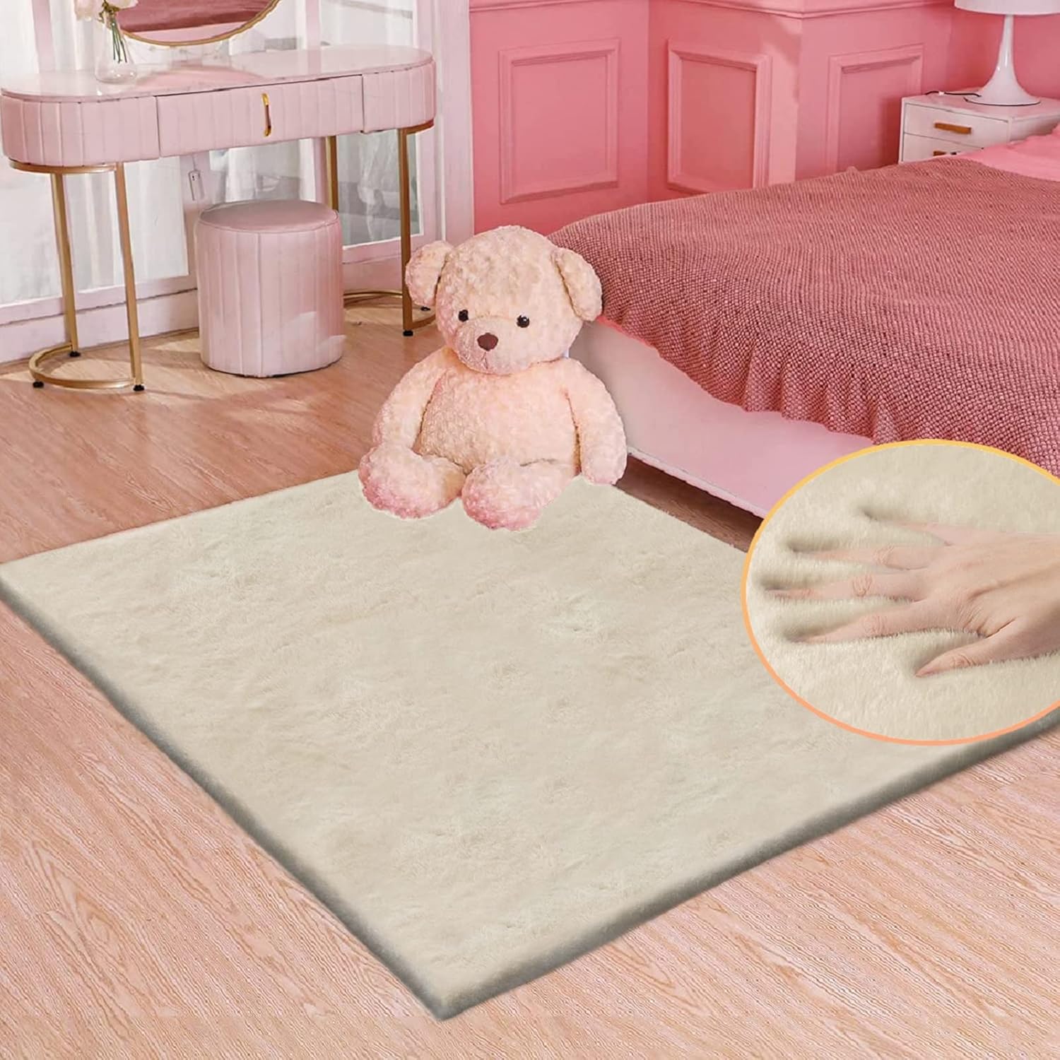 ORINOVA Pink Washable Fluffy 5x8 Area Rugs for Bedroom Plush Faux Rabbit Shag Fur Rug for Living Room Nursery Rug