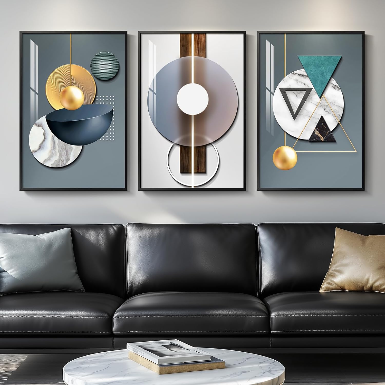 Large Framed Modern Luxury Gold Wall Art for Living Room, 3 Piece Bright Style Art Prints Paintings Artwork for Walls, Bronze Gold Geometric Pictures for Hallway Stair Office Wall Decor 24x36 In