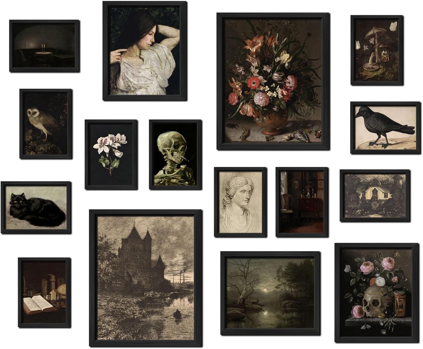ANERZA 16 PCS Framed Vintage Wall Art Decor, Botanical Cottagecore Wall Prints for Bedroom, Gallery Wall Frame Set, Farmhouse Posters for Living Room Aesthetic, Rustic Dorm Home Collage Kit
