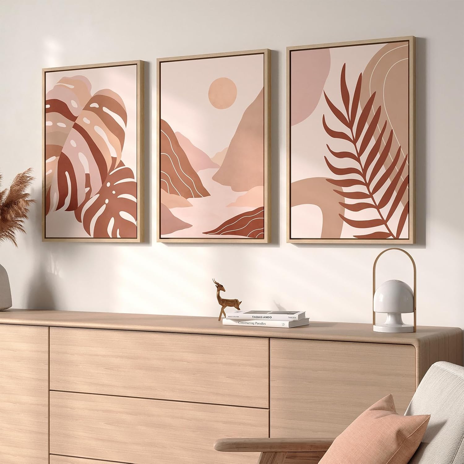 Framed Sage Green Boho Wall Art for Living Room, 3 Piece Minimalist Beige and Green Bohemian Artwork for Walls, Large Geometric Leaf Line Boho Paintings Prints for Bedroom Hallway Wall Decor, 16x24 In