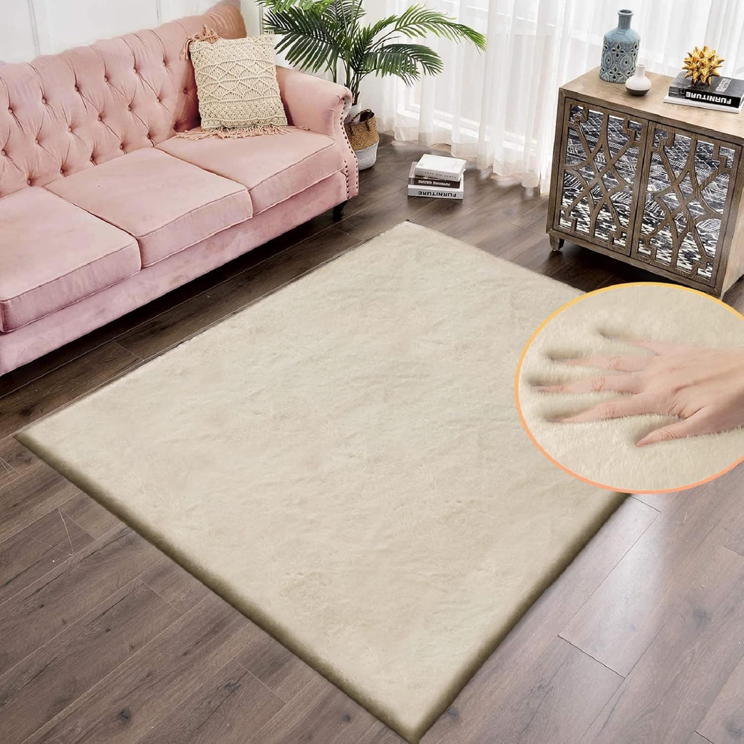 ORINOVA Pink Washable Fluffy 5x8 Area Rugs for Bedroom Plush Faux Rabbit Shag Fur Rug for Living Room Nursery Rug