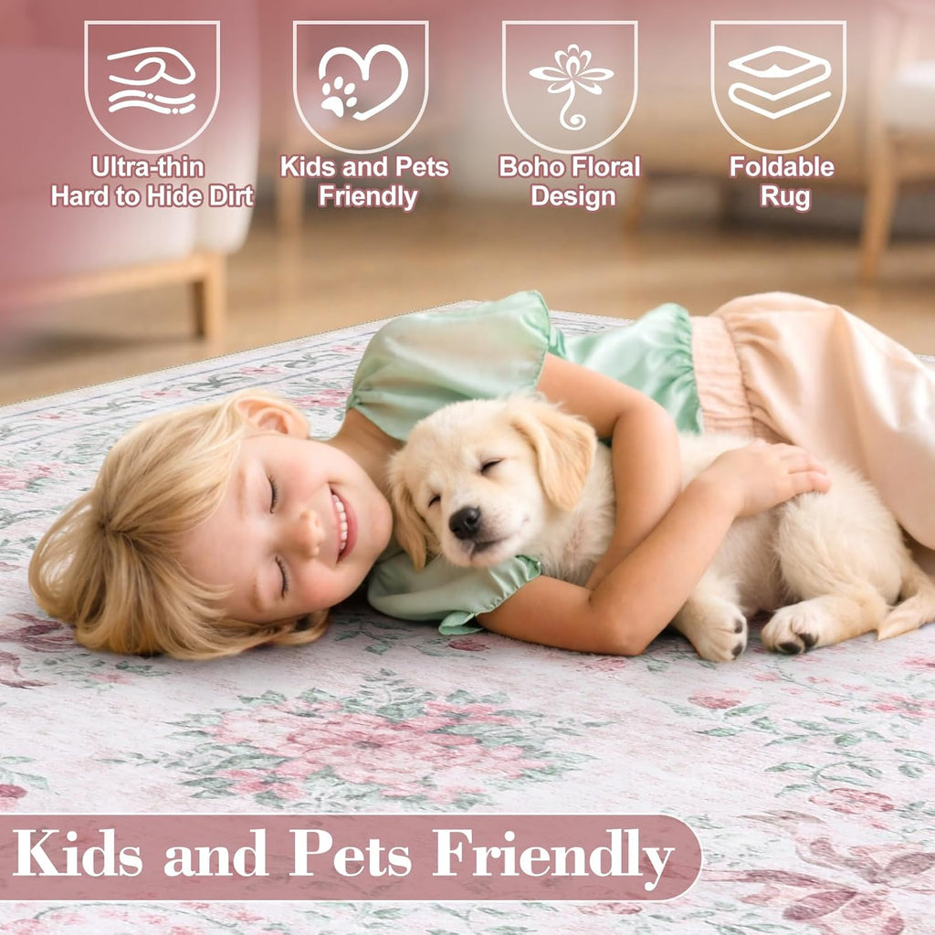 Wonnitar Floral Bow Print 8x10 Area Rugs, Washable Pink Rugs for Bedroom Girls, Boho Ultra-Thin Soft Non Slip Carpet for Nursery Living Room Kids Room Classroom Decor, Light Pink