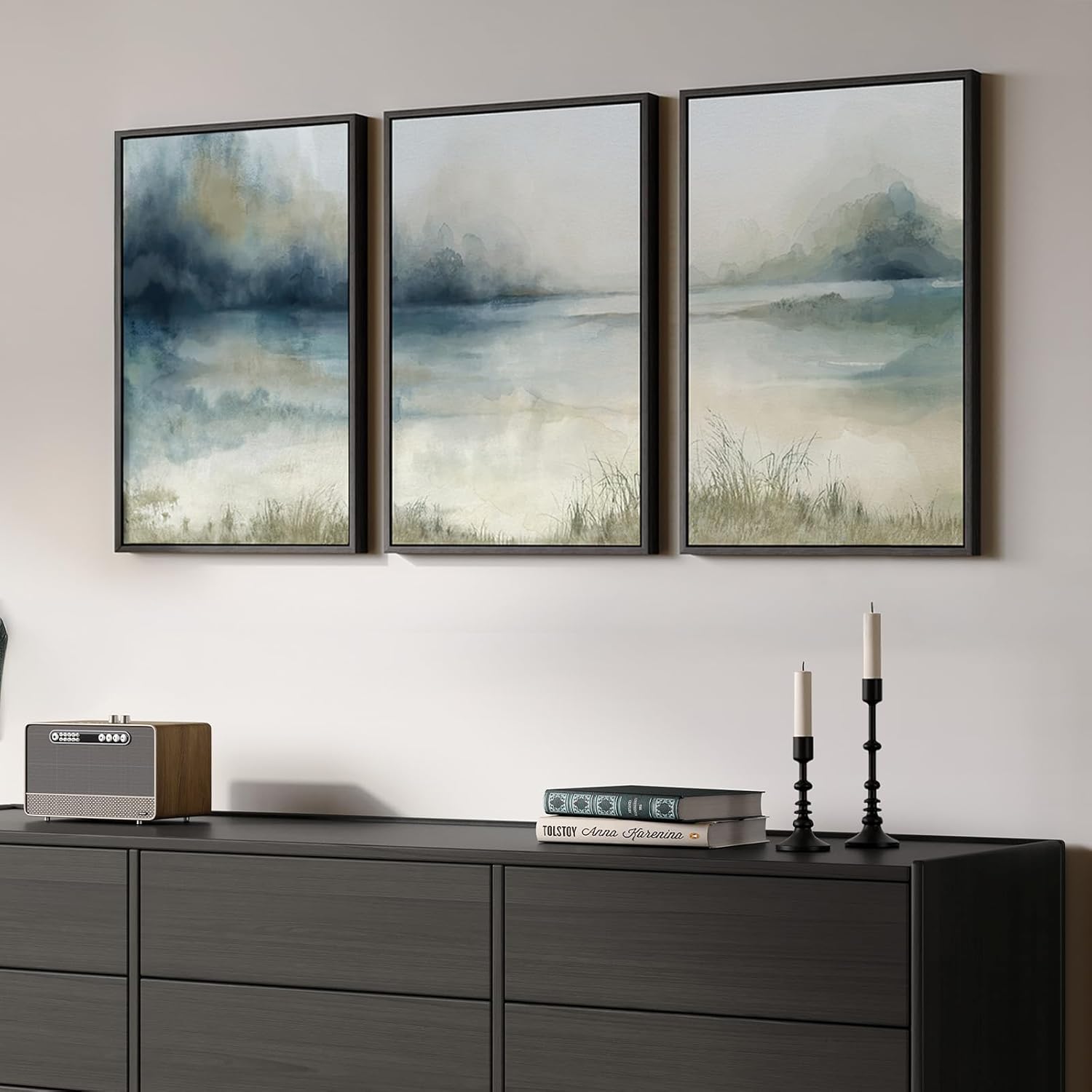 Large Framed Blue and Grey Abstract Wall Art for Living Room, 3 Piece Modern Canvas Prints Paintings Artwork for Walls, Minimalist Abstract Pictures Wall Decor for Hallway Office Bedroom 24x36 In