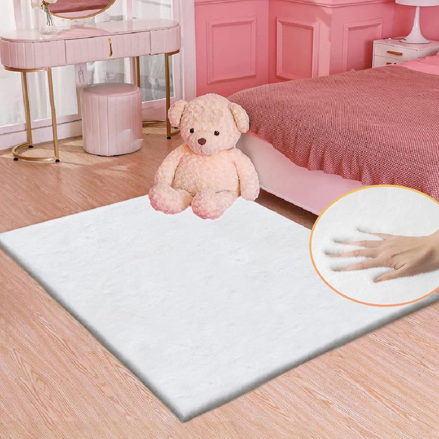 ORINOVA Pink Washable Fluffy 5x8 Area Rugs for Bedroom Plush Faux Rabbit Shag Fur Rug for Living Room Nursery Rug