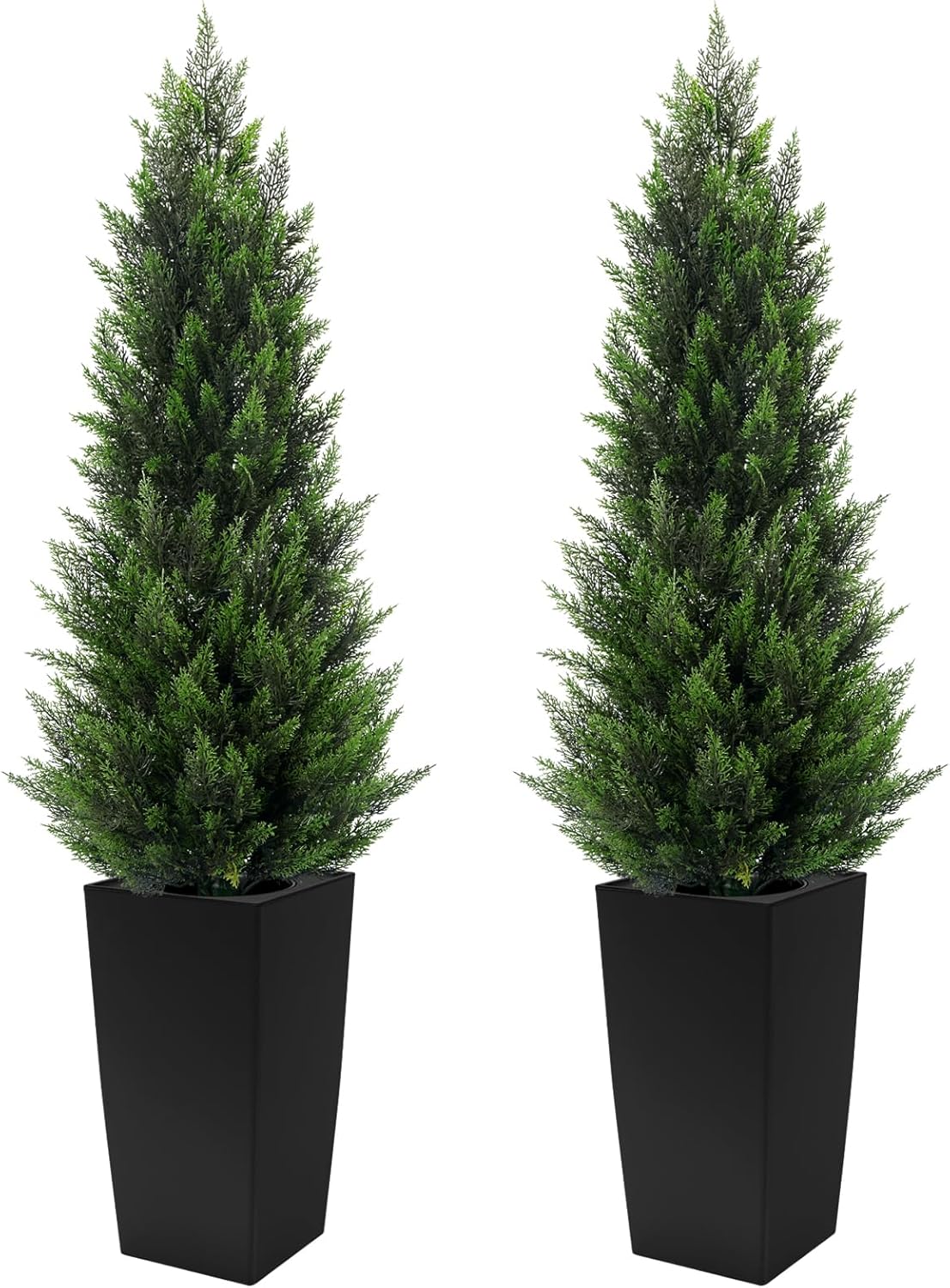 4FT Tall 2 Set Artificial Topiary Cedar Tree, Indoor Realistic Faux Cypress Plants with Square Flowerpot, Outdoor Evergreen Fake Shrubs for Home Living Room Front Porch Decor