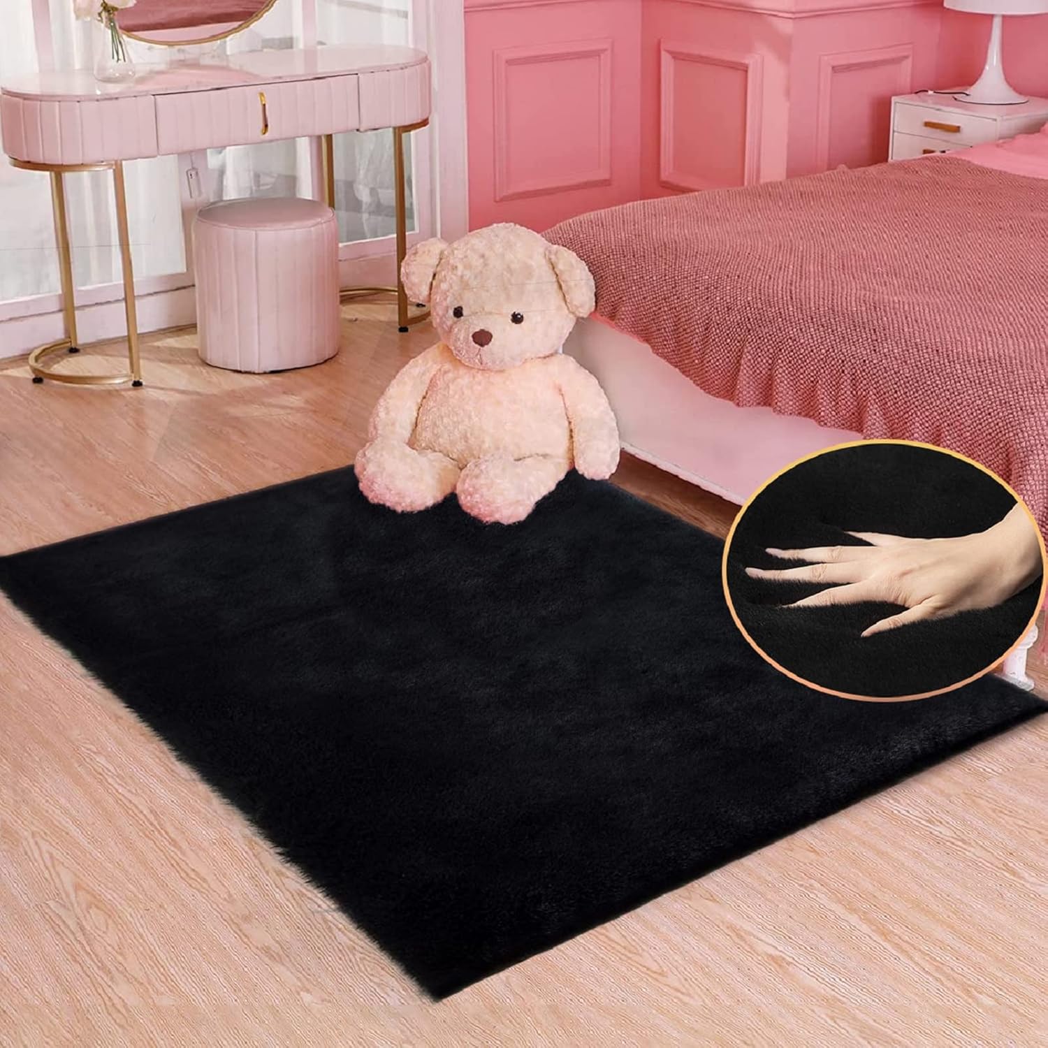 ORINOVA Pink Washable Fluffy 5x8 Area Rugs for Bedroom Plush Faux Rabbit Shag Fur Rug for Living Room Nursery Rug