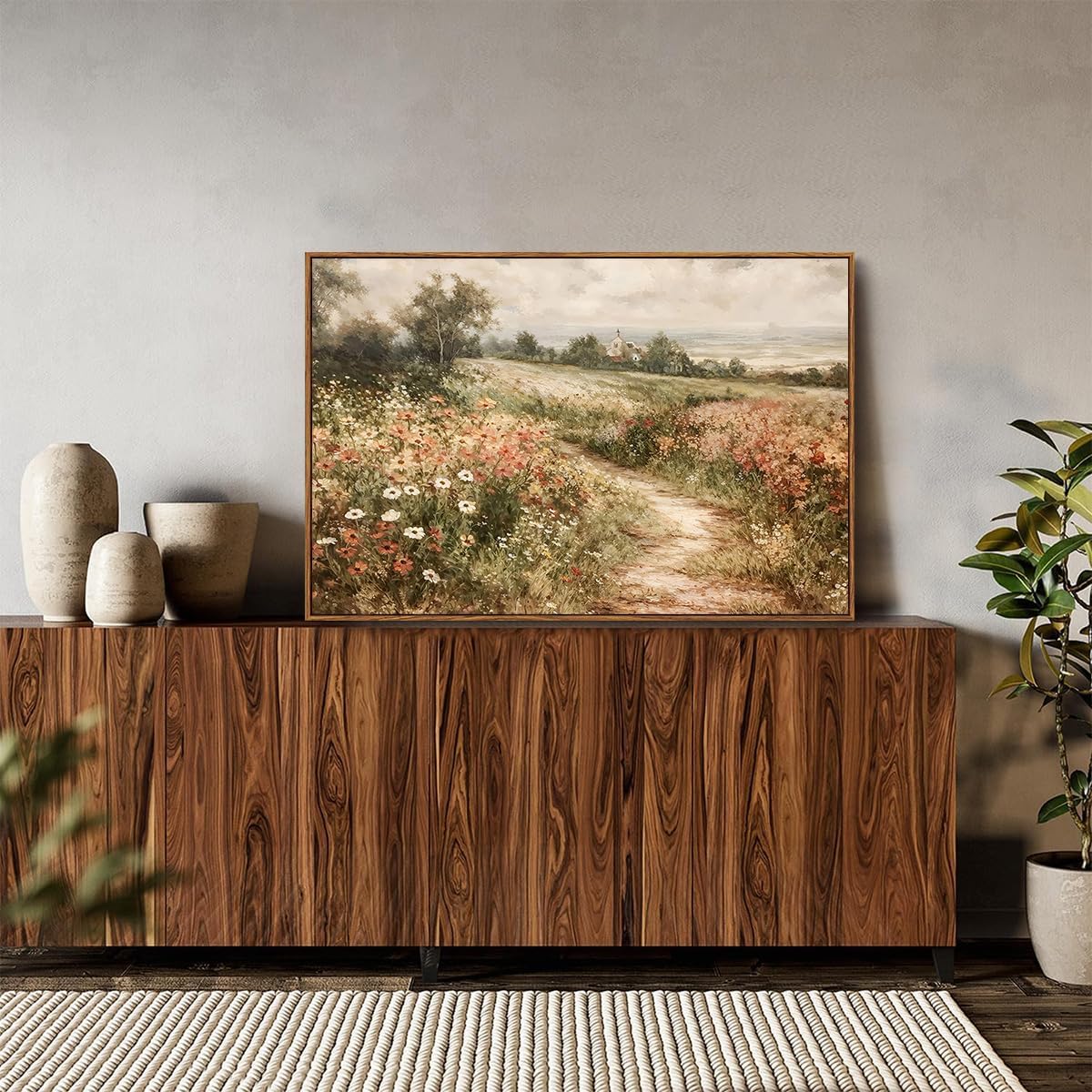 OIQArtOIQ Framed Canvas Wall Art,Vintage Decor,Landscape Nature Country Wildflower Paintings Farmhouse Pictures Modern Artwork Rustic Fall Flower Prints Cottagecore Office Living Room Bedroom Bathroom