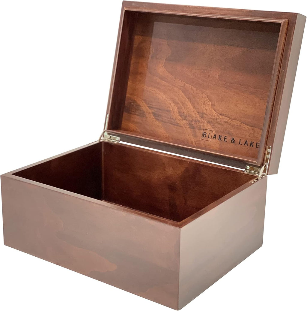 Blake & Lake Large Box with Hinged Lid - Wood Storage Box with Lid - Wooden Keepsake Decorative boxes with lids (Dark Oak)