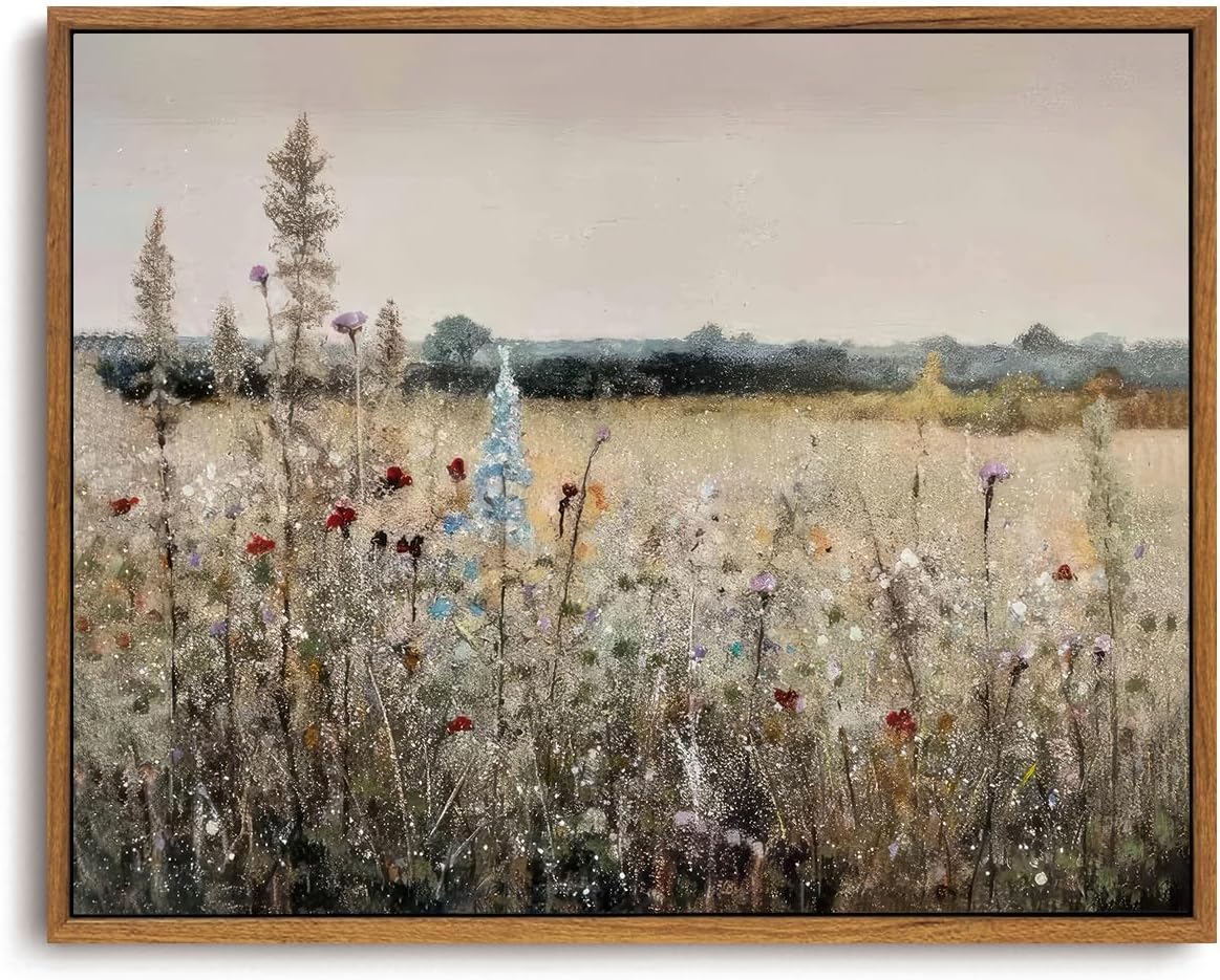 OIQArtOIQ Framed Canvas Wall Art,Vintage Decor,Landscape Nature Country Wildflower Paintings Farmhouse Pictures Modern Artwork Rustic Fall Flower Prints Cottagecore Office Living Room Bedroom Bathroom