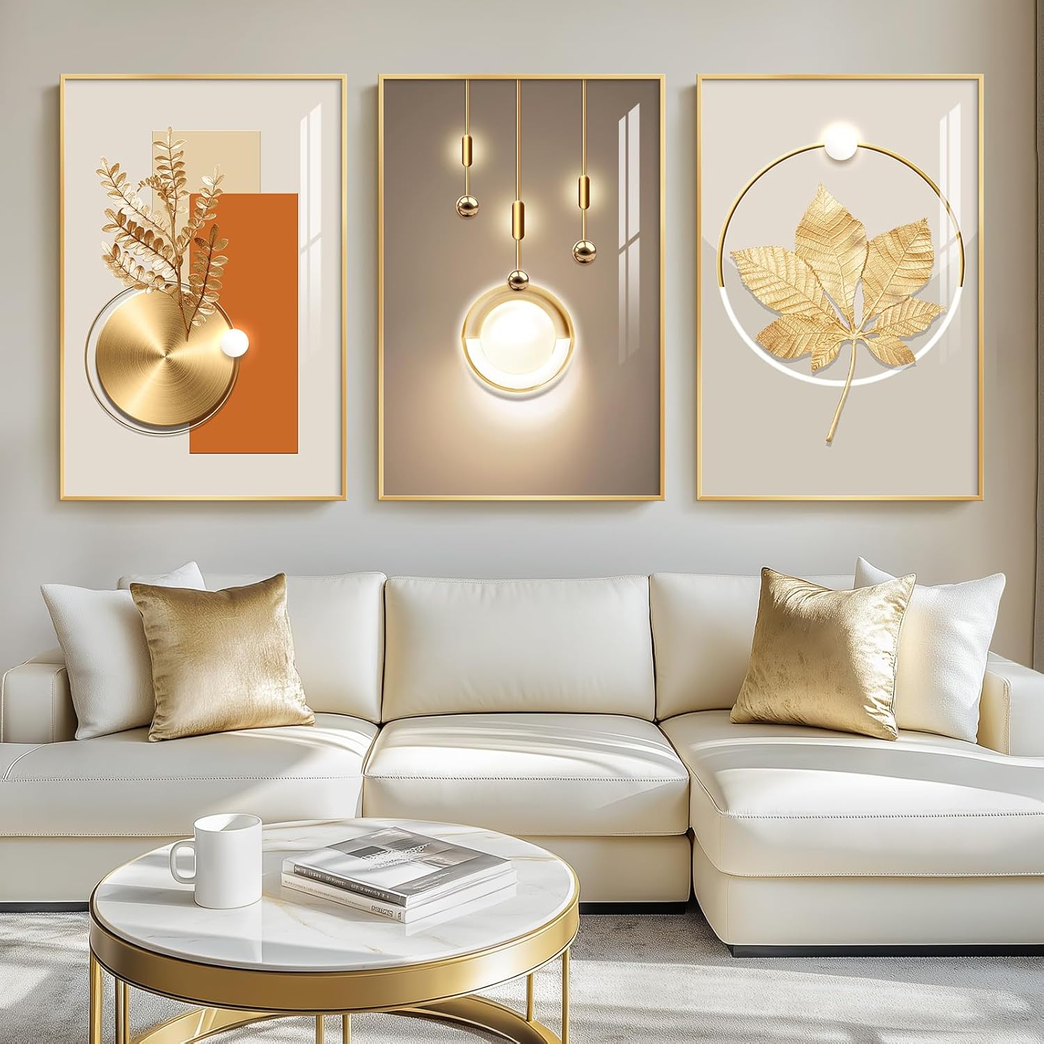 Large Framed Modern Luxury Gold Wall Art for Living Room, 3 Piece Bright Style Art Prints Paintings Artwork for Walls, Bronze Gold Geometric Pictures for Hallway Stair Office Wall Decor 24x36 In