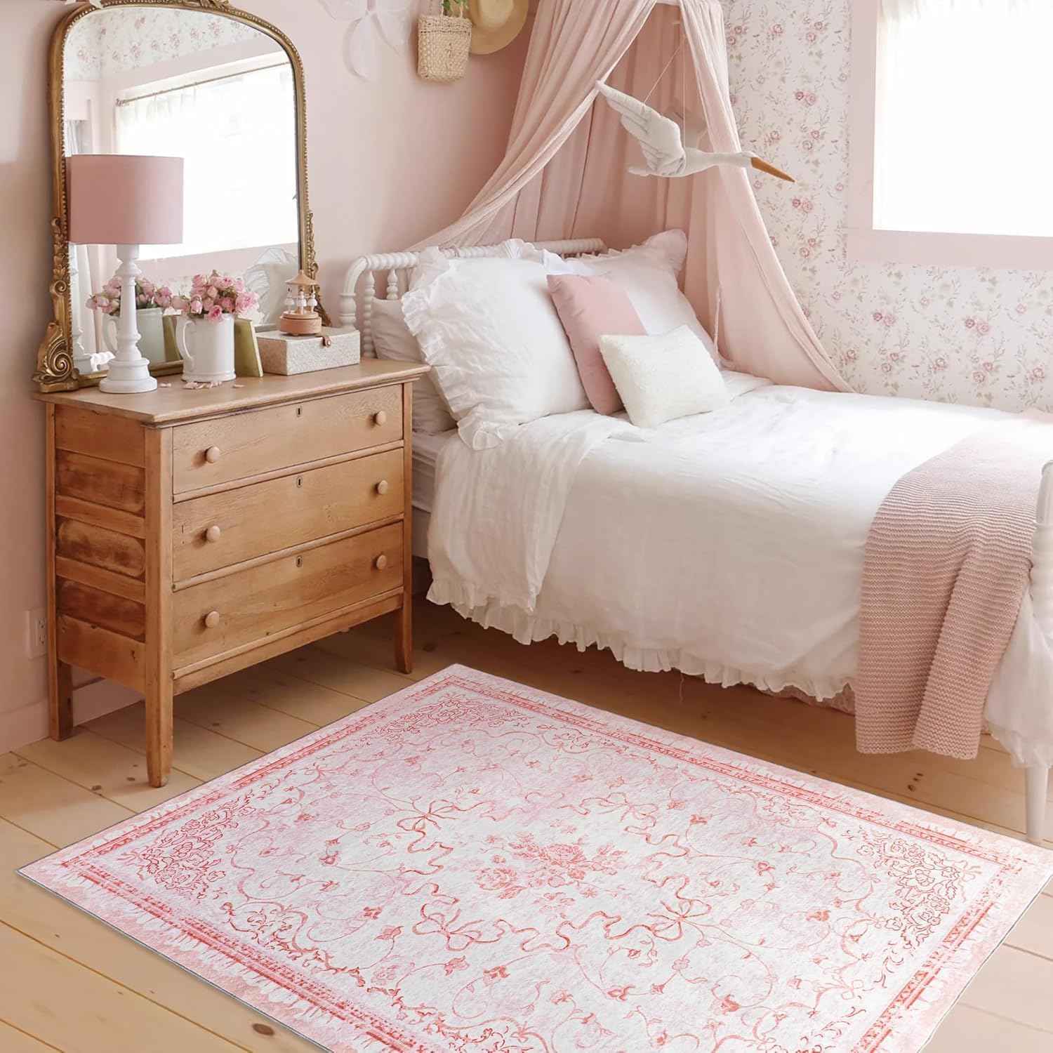 REBBORUG Pink Area Rugs for Bedroom Nursery 6x9 - Teen Girls Coquette Cute Room Decor Aesthetic Washable Vintage Cottage Core Floral Bow Dorm Rug for College Playroom
