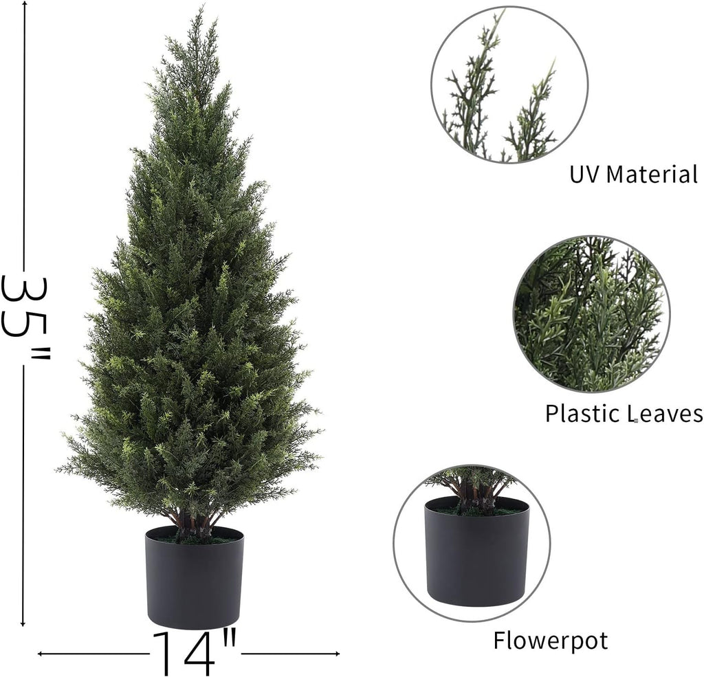 3ft(35”) Artificial Cedar Outdoor Artificial Shrub Sunlight Resistant Leafy Potted Plant for Indoor Porch of Home and Office Artificial Outdoor Tree 2 Pieces a Set Topiary Trees