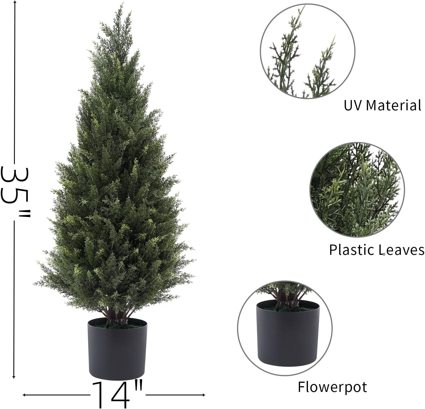 3ft(35”) Artificial Cedar Outdoor Artificial Shrub Sunlight Resistant Leafy Potted Plant for Indoor Porch of Home and Office Artificial Outdoor Tree 2 Pieces a Set Topiary Trees