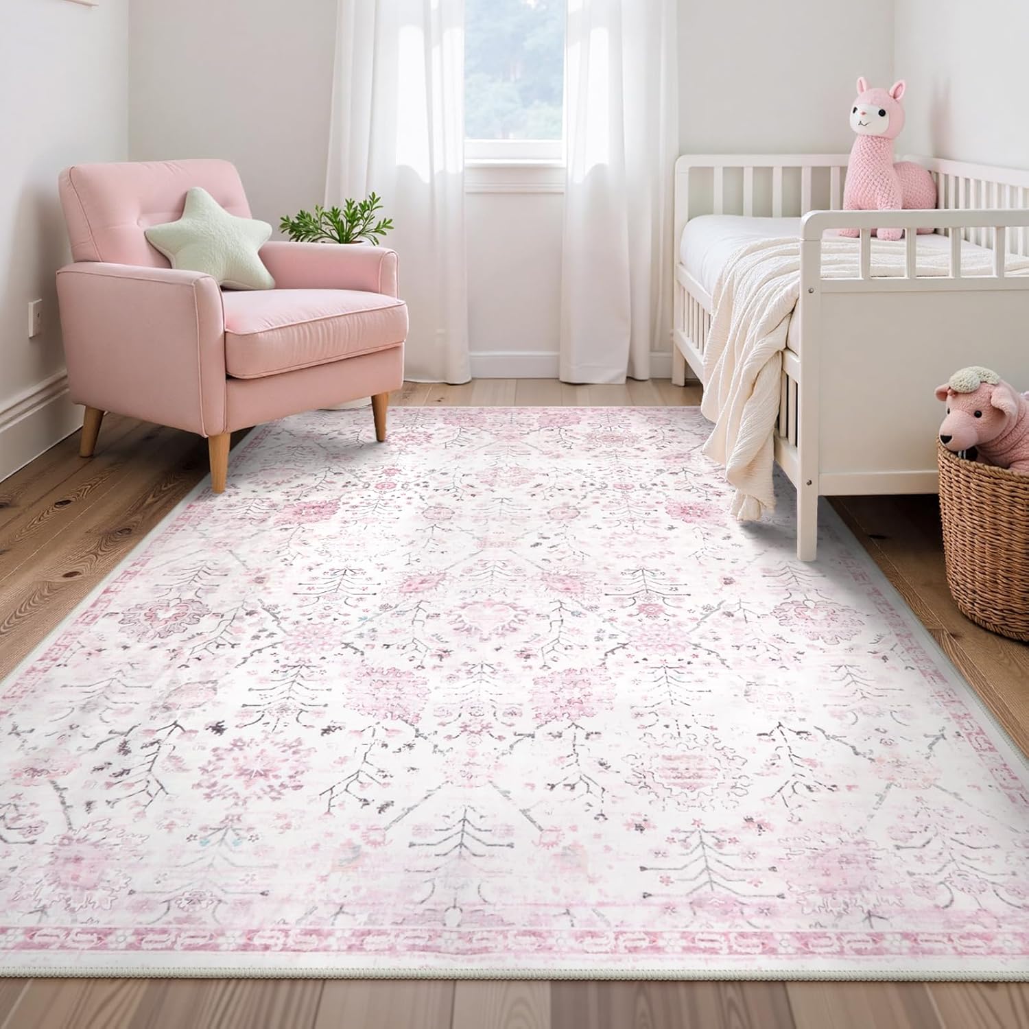 Lahome Pink Boho Area Rug, 8x10 Washable Rugs for Bedroom Girls Living Room, Soft Blush Floral Non Slip Pastel Thin Floor Carpet for Classroom Playroom Home Decor