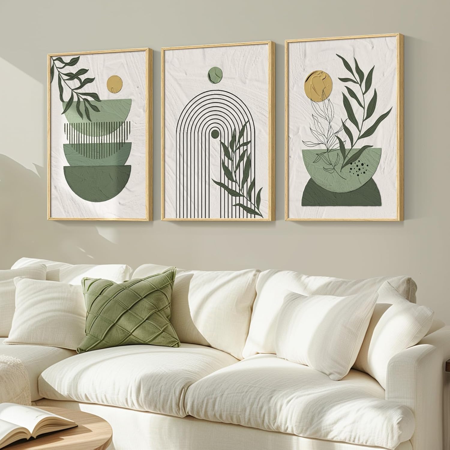 Framed Sage Green Boho Wall Art for Living Room, 3 Piece Minimalist Beige and Green Bohemian Artwork for Walls, Large Geometric Leaf Line Boho Paintings Prints for Bedroom Hallway Wall Decor, 16x24 In