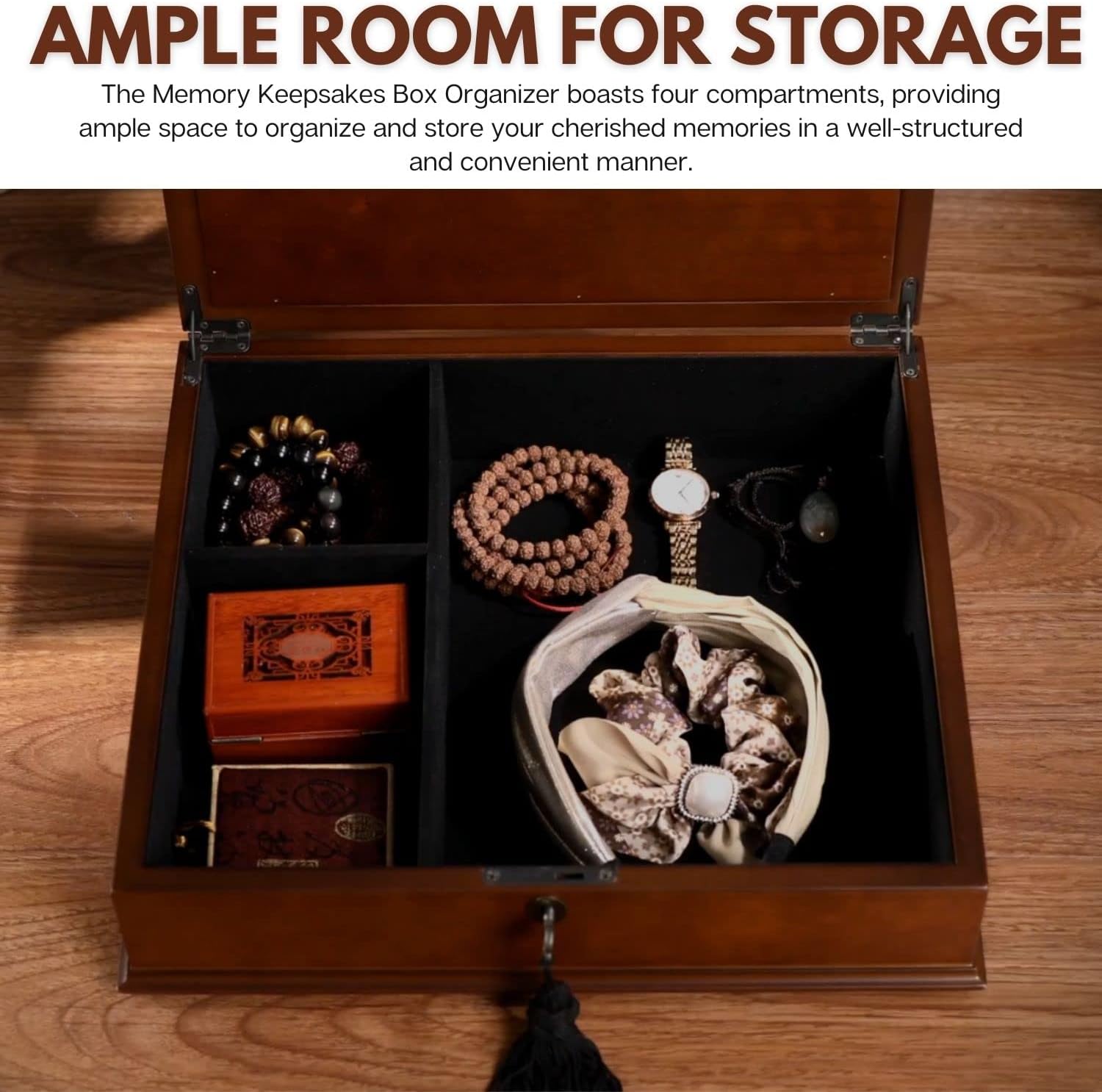 Arolly Romeo Memory Keepsake Box Organizer with Mahogany Wood Finish - Large Personal Storage Box with Locking Lid | Wooden Memory Box Gift for Anniversary, Wedding, Valentine, Birthday