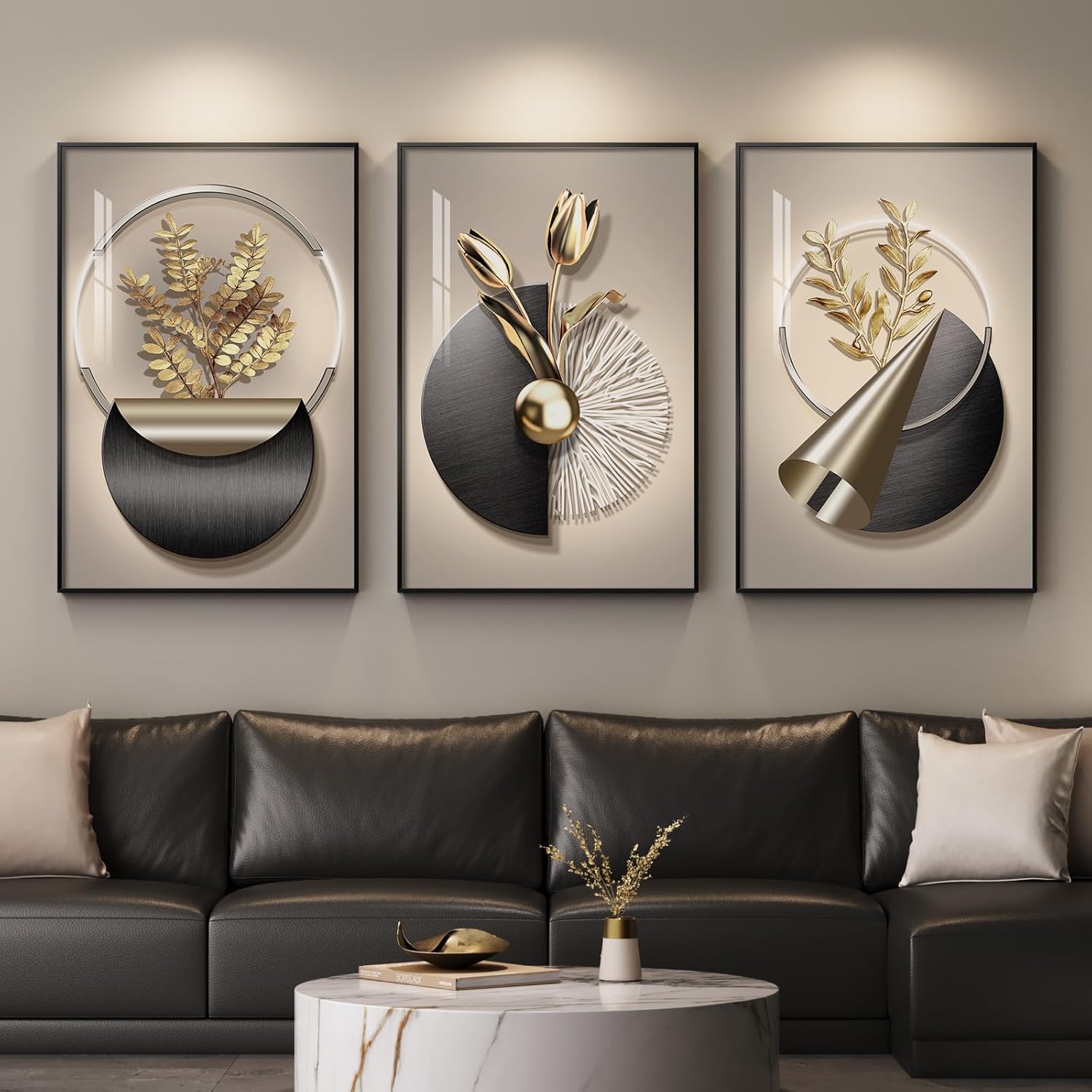 Large Framed Modern Luxury Gold Wall Art for Living Room, 3 Piece Bright Style Art Prints Paintings Artwork for Walls, Bronze Gold Geometric Pictures for Hallway Stair Office Wall Decor 24x36 In
