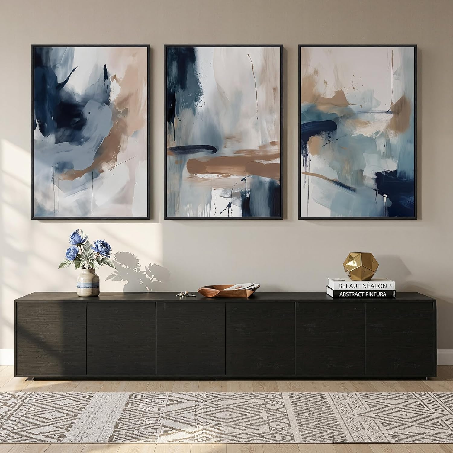Large Framed Blue and Grey Abstract Wall Art for Living Room, 3 Piece Modern Canvas Prints Paintings Artwork for Walls, Minimalist Abstract Pictures Wall Decor for Hallway Office Bedroom 24x36 In