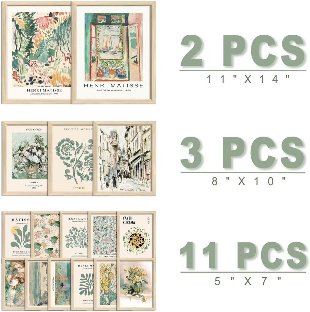 ANERZA 16 PCS Framed Sage Green Wall Art Decor, Matisse Wall Prints for Bedroom, Gallery Wall Frame Set, Abstract Posters for Living Room Aesthetic, Collage Kit Pictures, Boho Dorm Home Decor