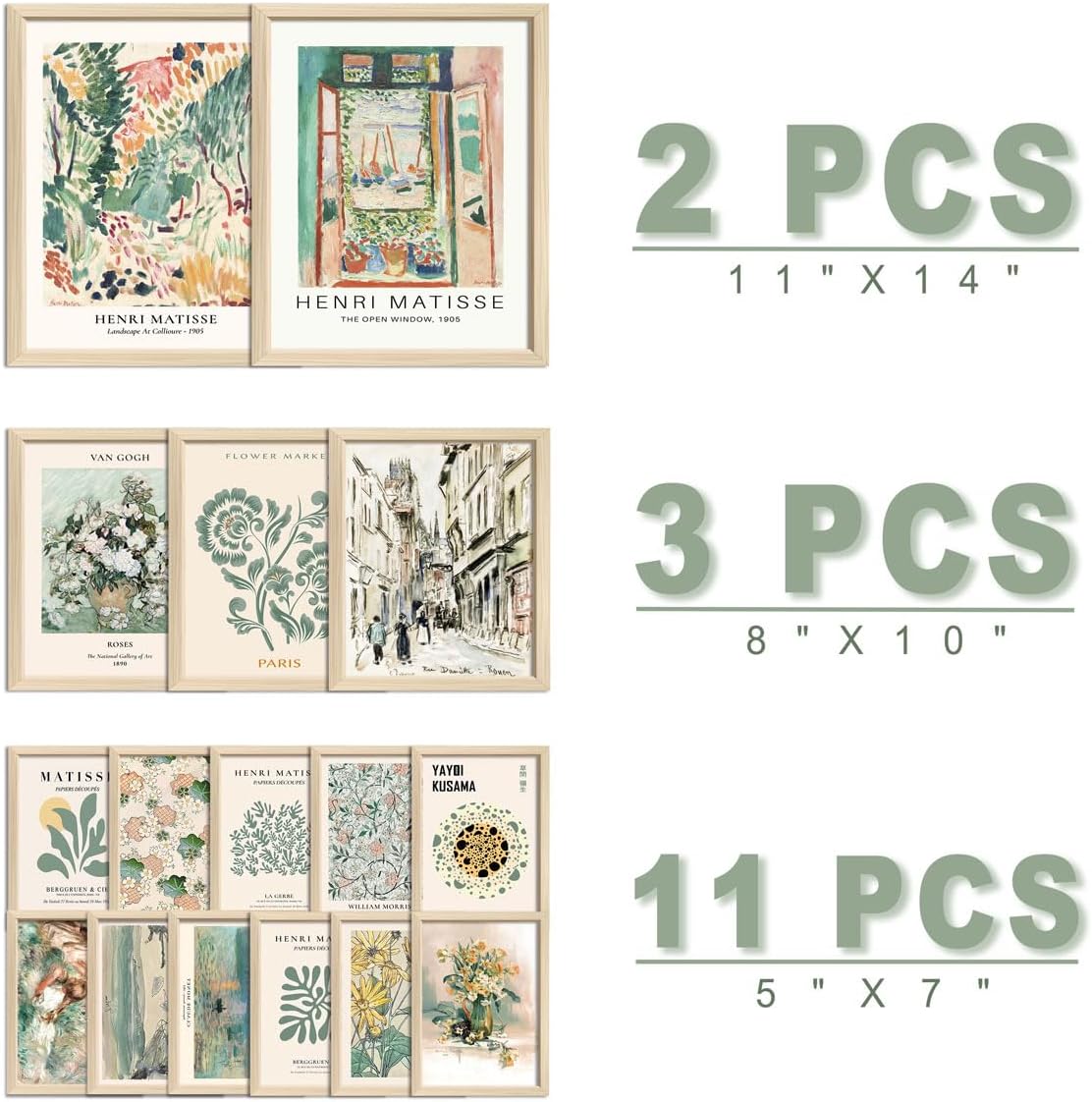 ANERZA 16 PCS Framed Sage Green Wall Art Decor, Matisse Wall Prints for Bedroom, Gallery Wall Frame Set, Abstract Posters for Living Room Aesthetic, Collage Kit Pictures, Boho Dorm Home Decor