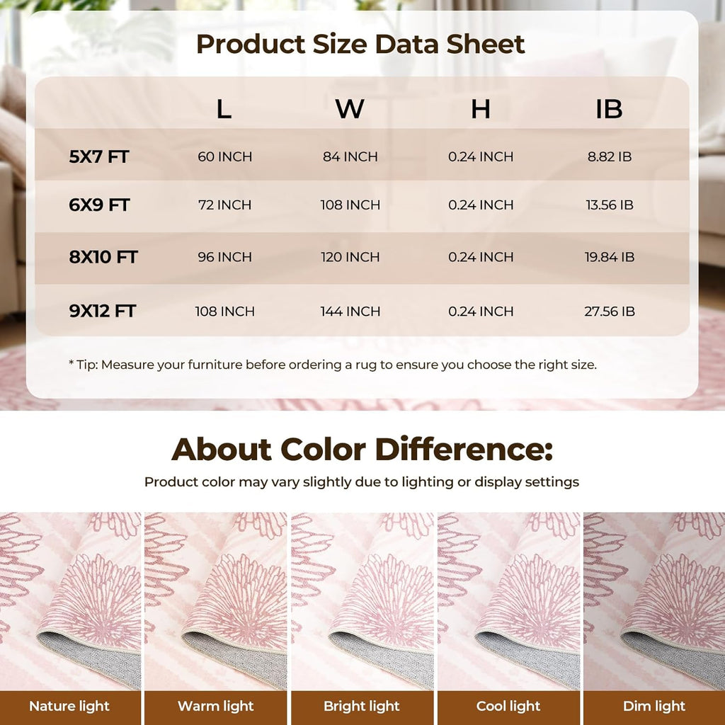 WITSHOCK Pink Rugs 9x12 for Bedroom Girls,Floral Modern Distress Print Pattern Carpet for Living Room Dining Room,Stain Resistant Anti Slip Backing Rugs for Kids Room Nursery Playroom,Light Pink