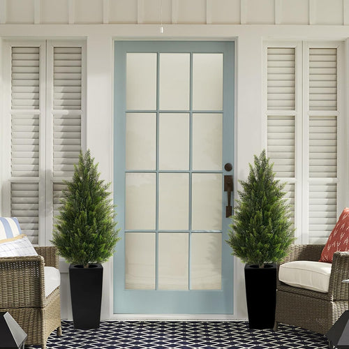 4FT Tall 2 Set Artificial Topiary Cedar Tree, Indoor Realistic Faux Cypress Plants with Square Flowerpot, Outdoor Evergreen Fake Shrubs for Home Living Room Front Porch Decor