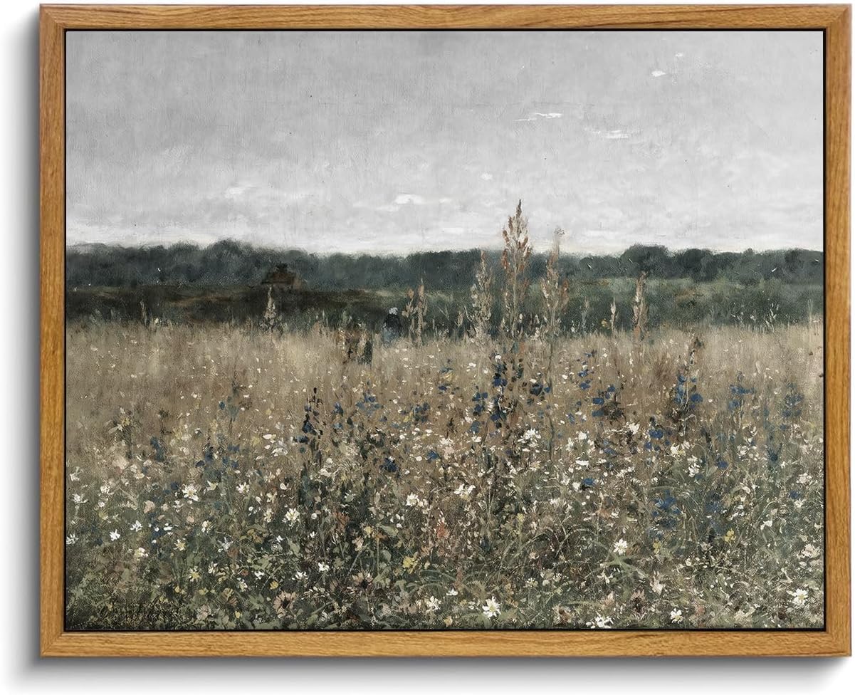 OIQArtOIQ Framed Canvas Wall Art,Vintage Decor,Landscape Nature Country Wildflower Paintings Farmhouse Pictures Modern Artwork Rustic Fall Flower Prints Cottagecore Office Living Room Bedroom Bathroom