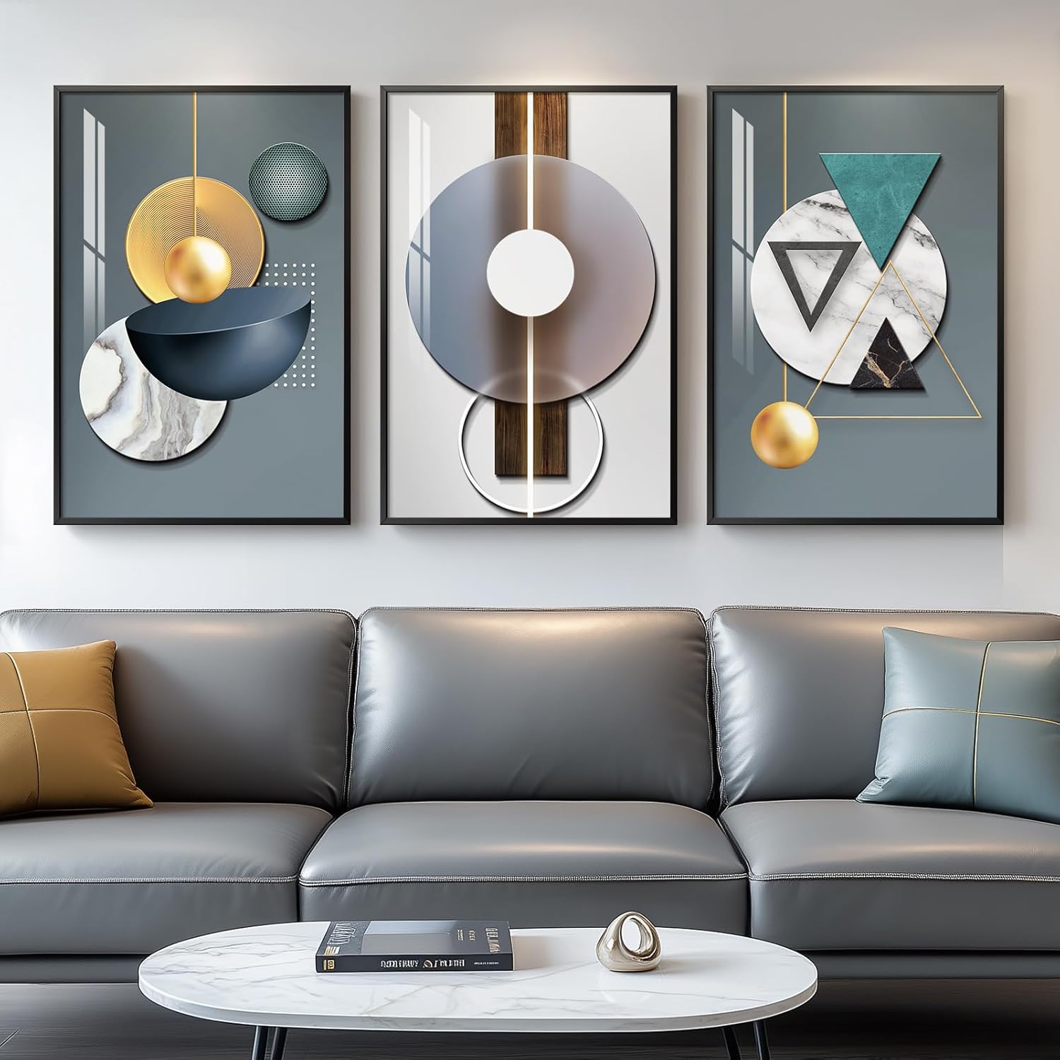 Large Framed Modern Luxury Gold Wall Art for Living Room, 3 Piece Bright Style Art Prints Paintings Artwork for Walls, Bronze Gold Geometric Pictures for Hallway Stair Office Wall Decor 24x36 In